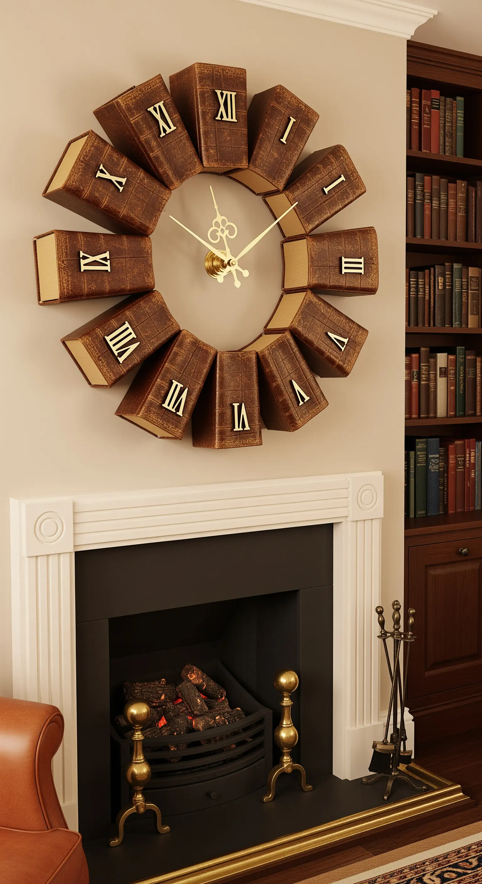 Orologio da parete composto da dodici libri antichi con copertina in pelle disposti a cerchio.