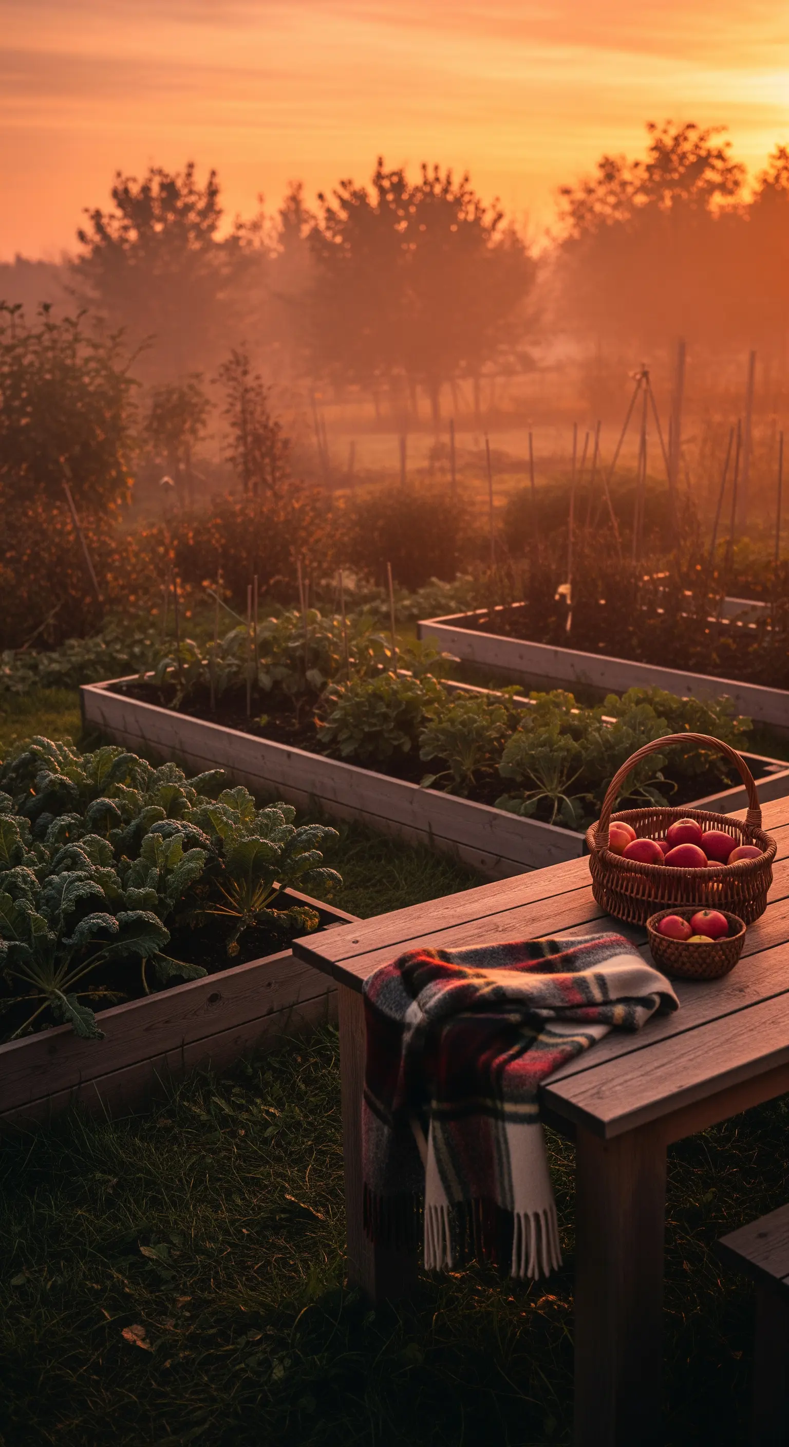 Orto al tramonto con una panca in legno e una coperta scozzese in primo piano.