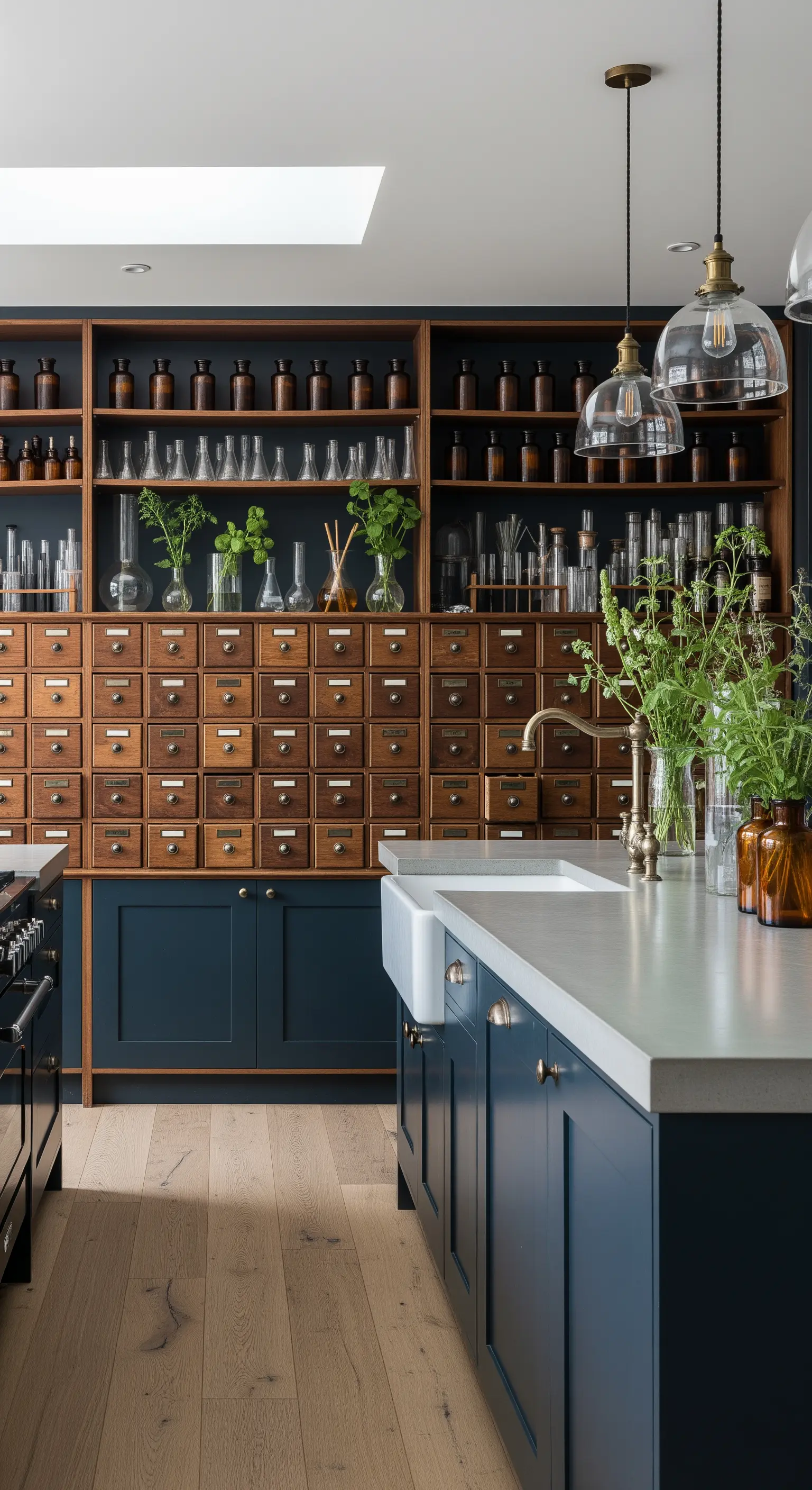 Cucina con un grande mobile da farmacia antico in legno con tanti piccoli cassetti e basi blu scuro.