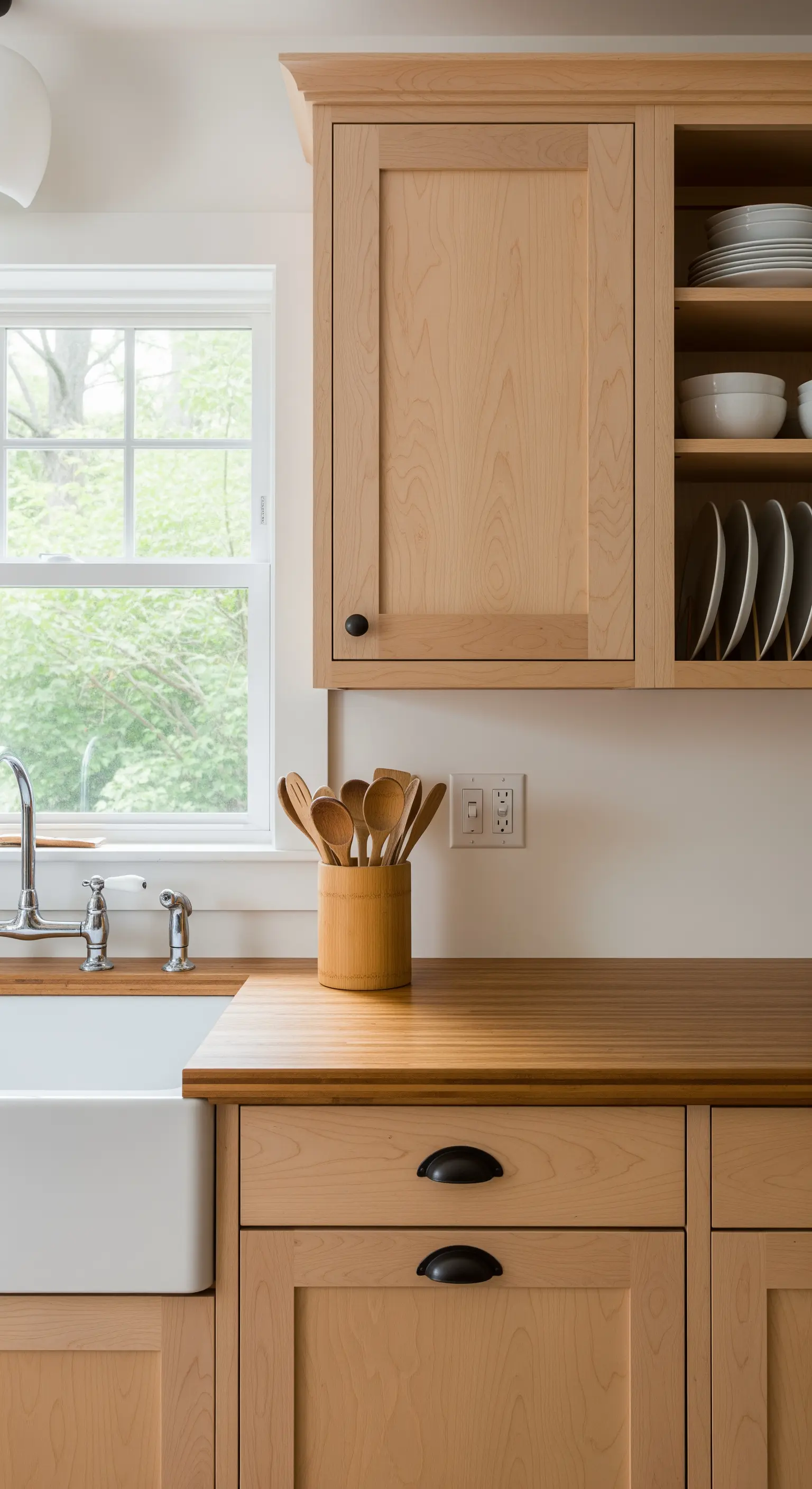 Piano di lavoro in legno con un lavello in ceramica e un portautensili in bambù.