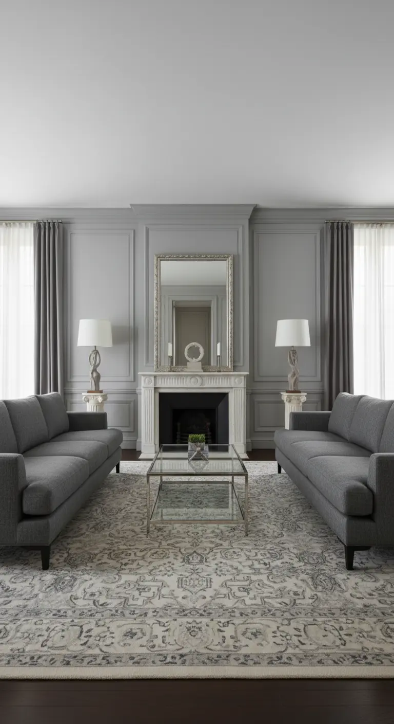 Soggiorno formale e simmetrico con due divani grigi, camino e un grande tappeto persiano grigio.