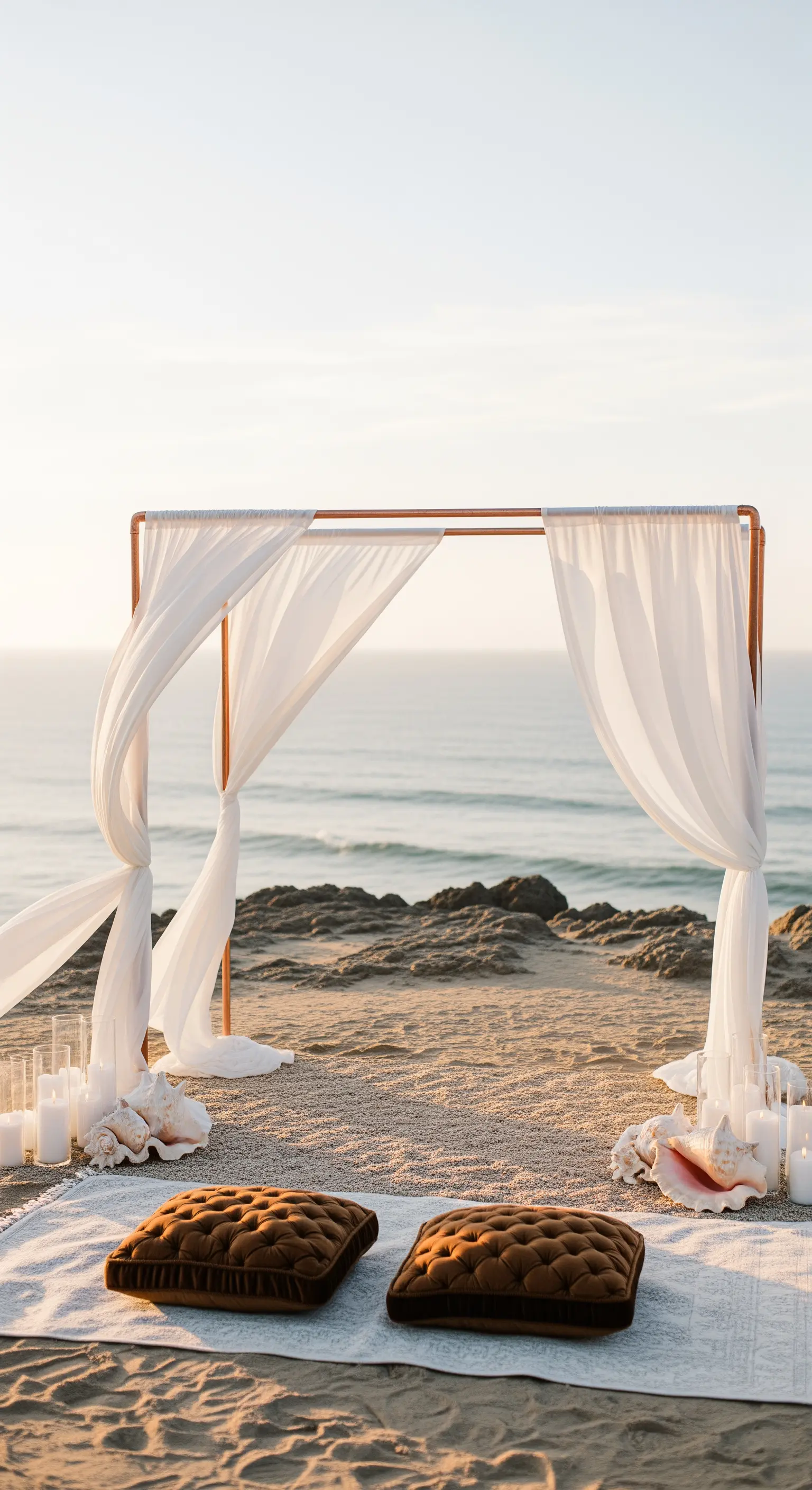 Arco minimale con tenda bianca su una scogliera affacciata sul mare al tramonto.