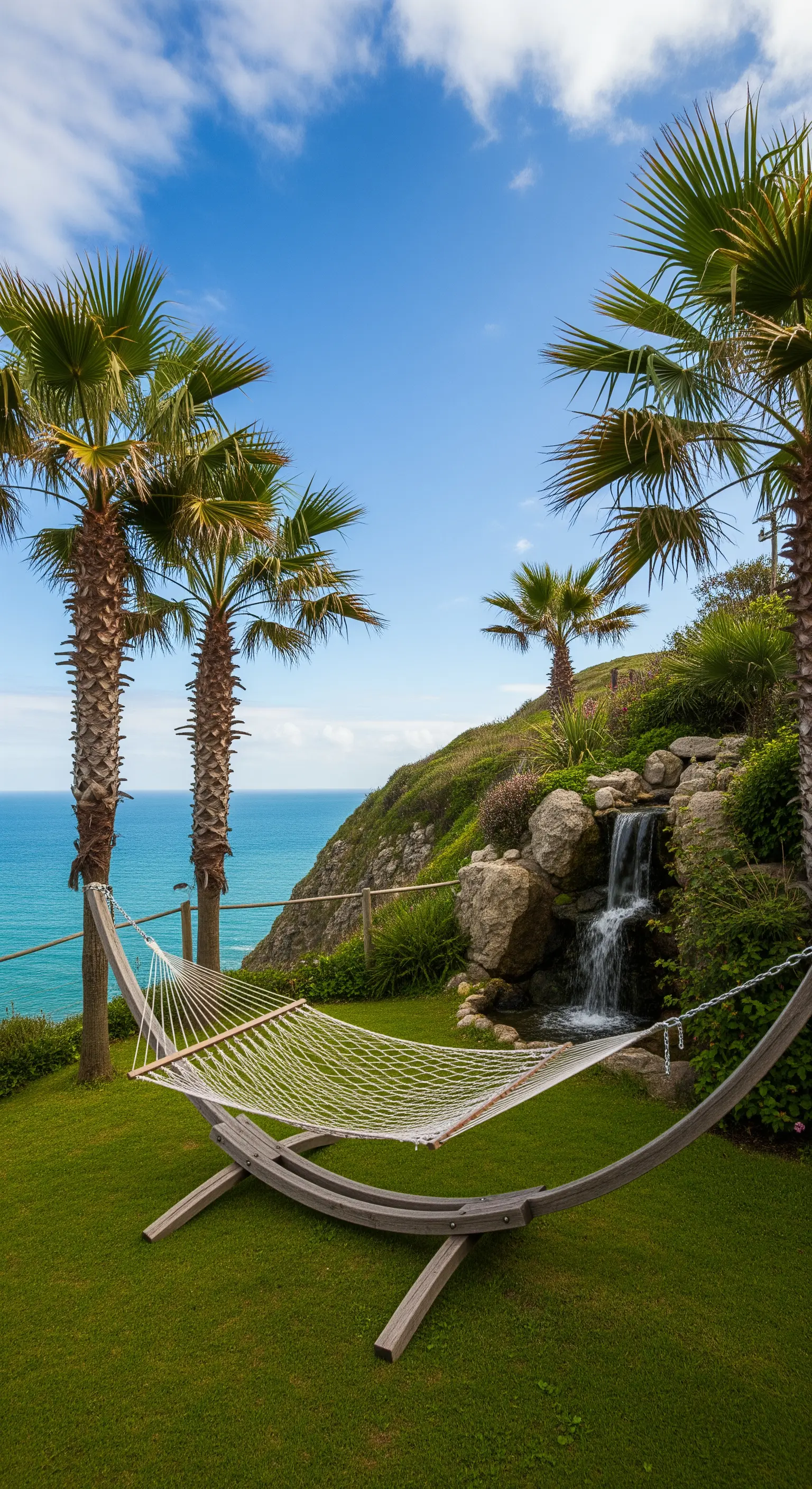 Amaca con supporto in legno su un prato affacciato sul mare, con cascata tra le rocce.