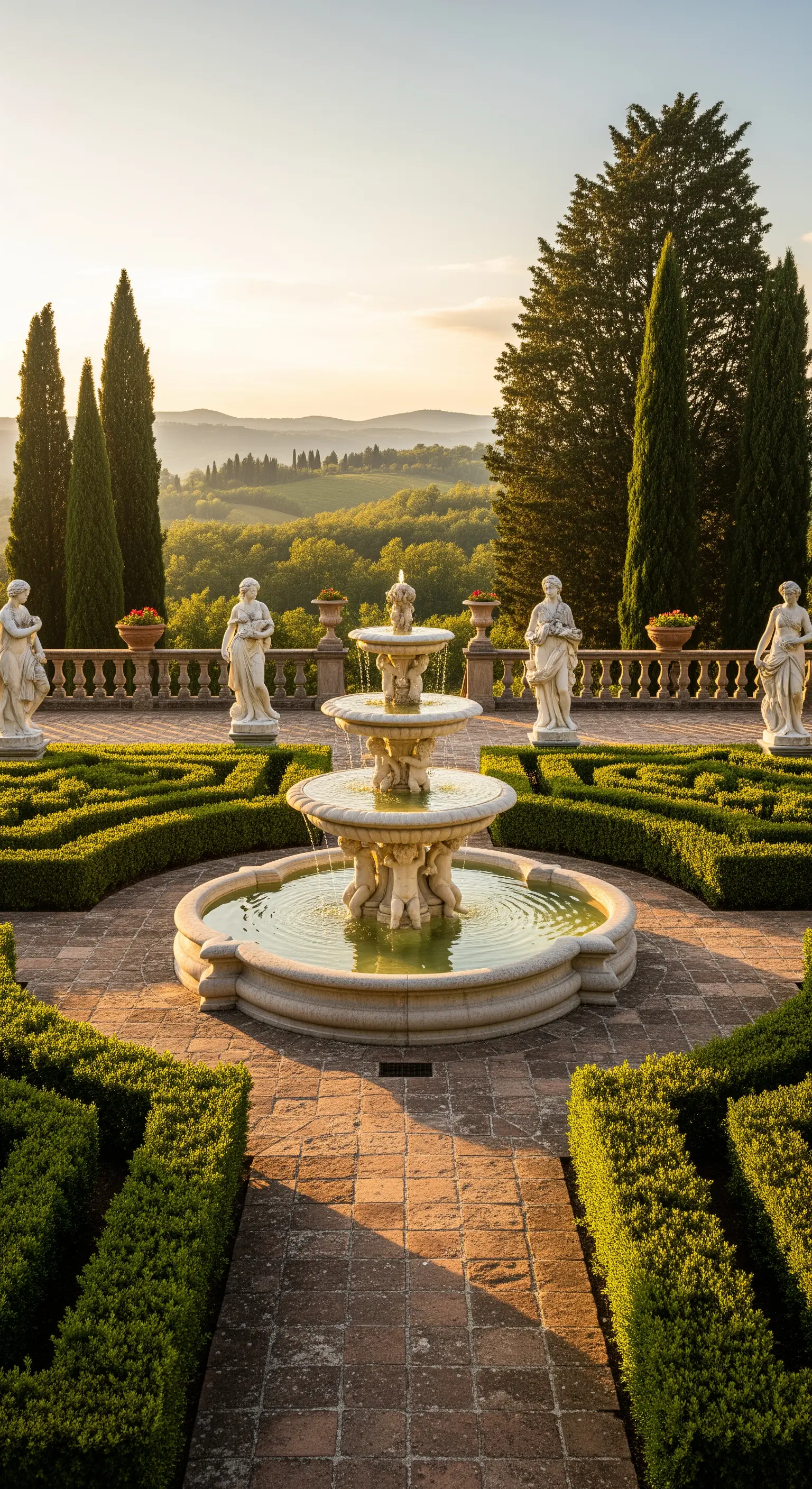 Patio rinascimentale con fontana a tre livelli, statue e siepi affacciato su colline toscane.