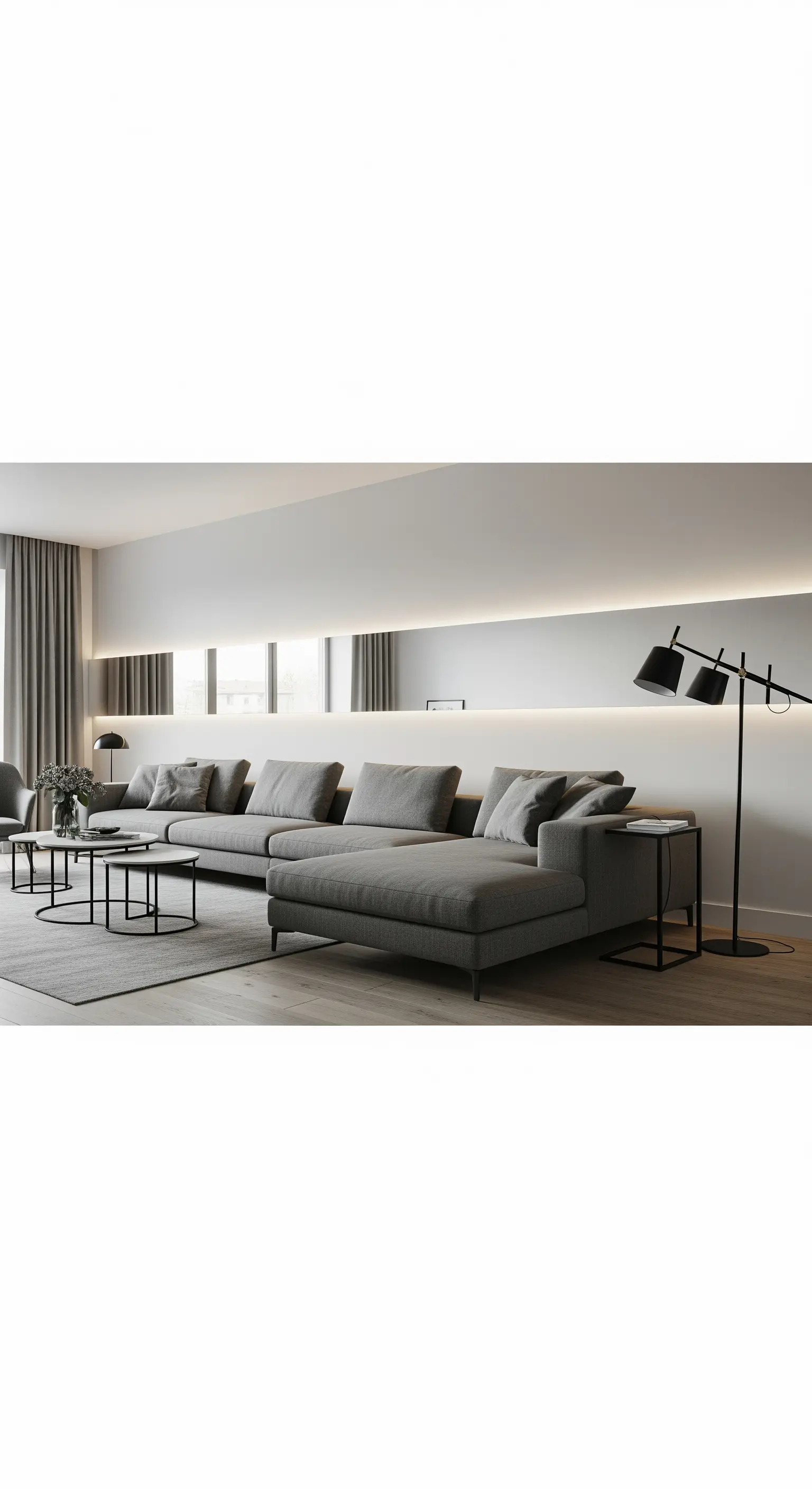 Lungo specchio orizzontale retroilluminato sopra un divano componibile grigio in un salotto moderno.