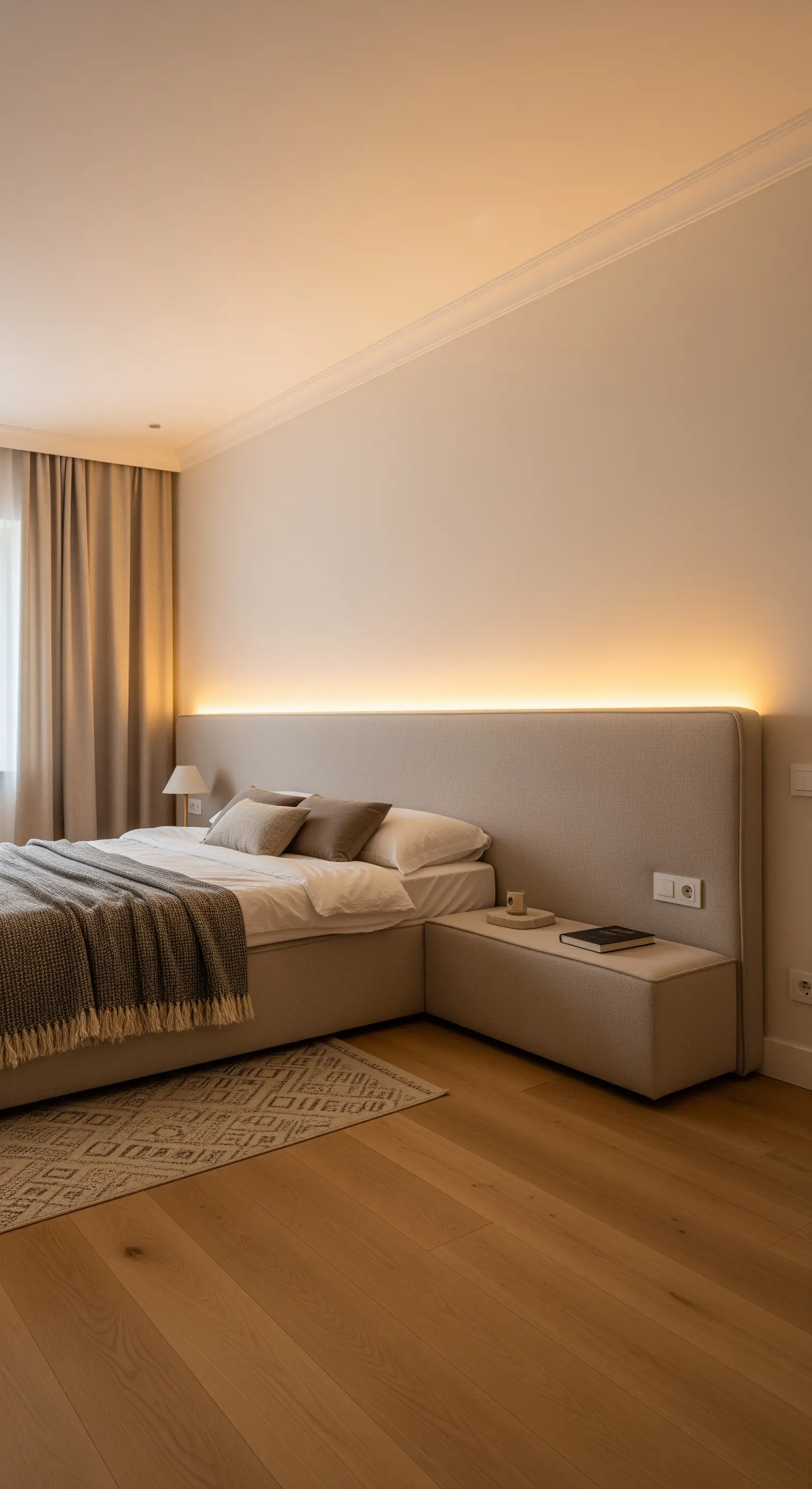 Lunga testiera imbottita color sabbia con una linea di luce LED calda lungo il bordo superiore.