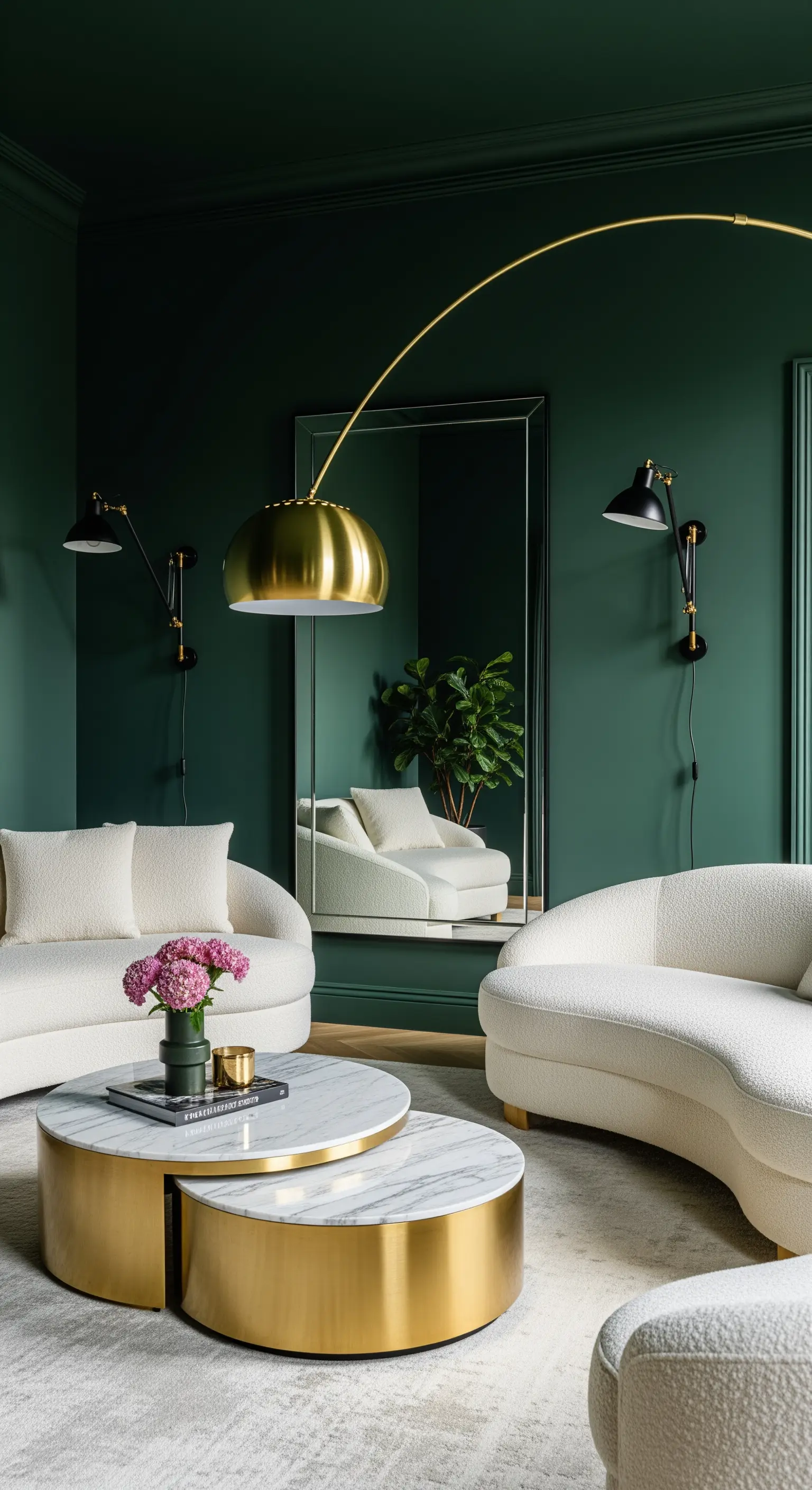 Salotto con pareti verde scuro, divani bianchi e una grande lampada ad arco dorata.