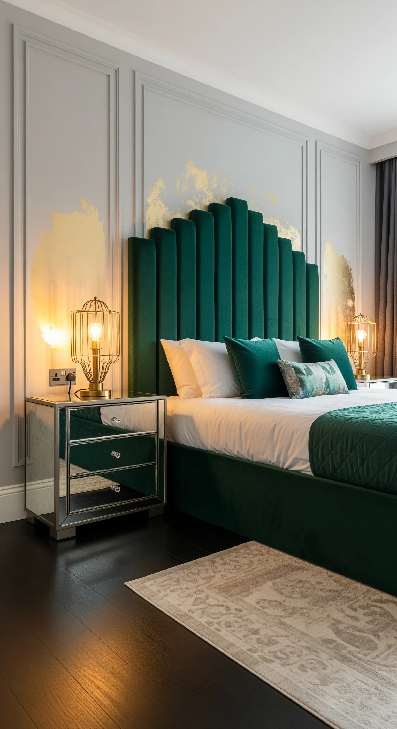 Testiera in velluto verde smeraldo con parete grigia e dettagli in foglia d'oro.