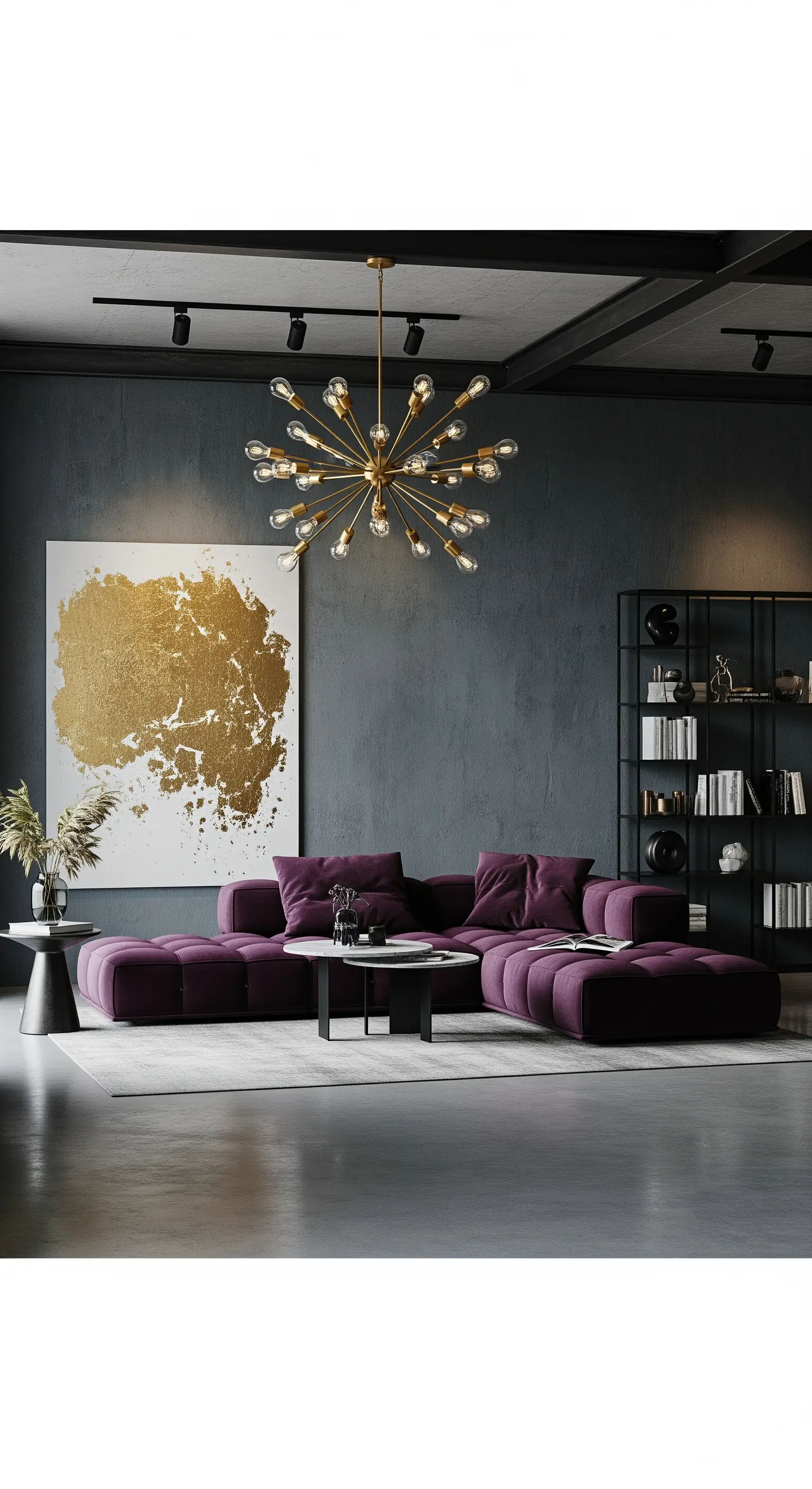 Living moderno con parete grigia, divano viola e quadro astratto dorato.