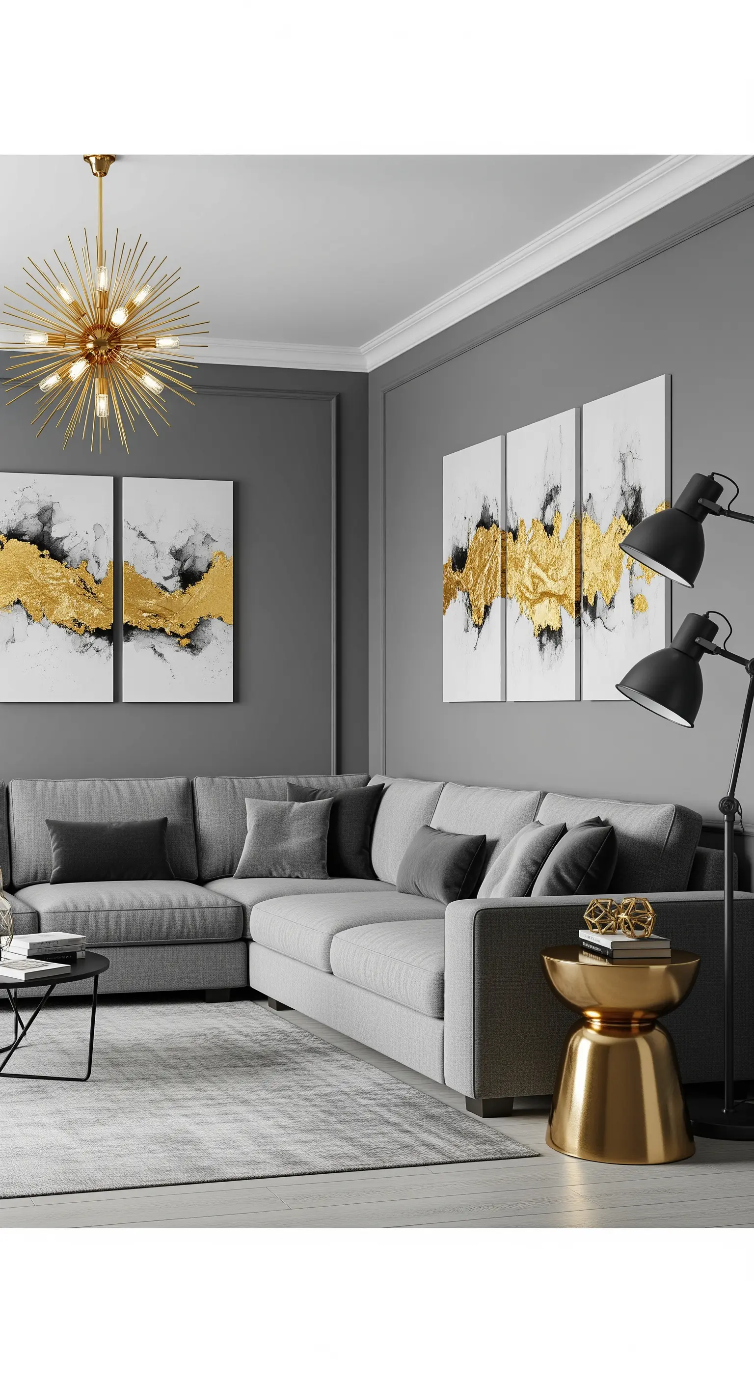 Salotto monocromatico grigio illuminato da un lampadario e un tavolino dorati.