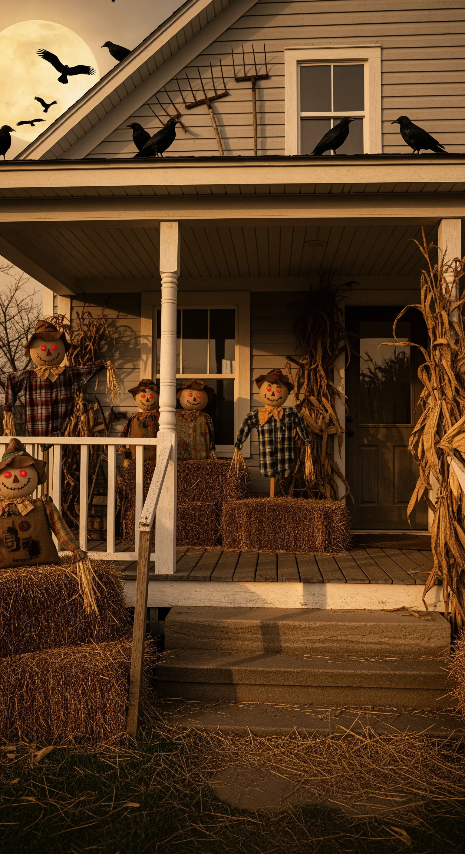 Un gruppo di spaventapasseri inquietanti su un portico rustico, circondati da balle di fieno e corvi.