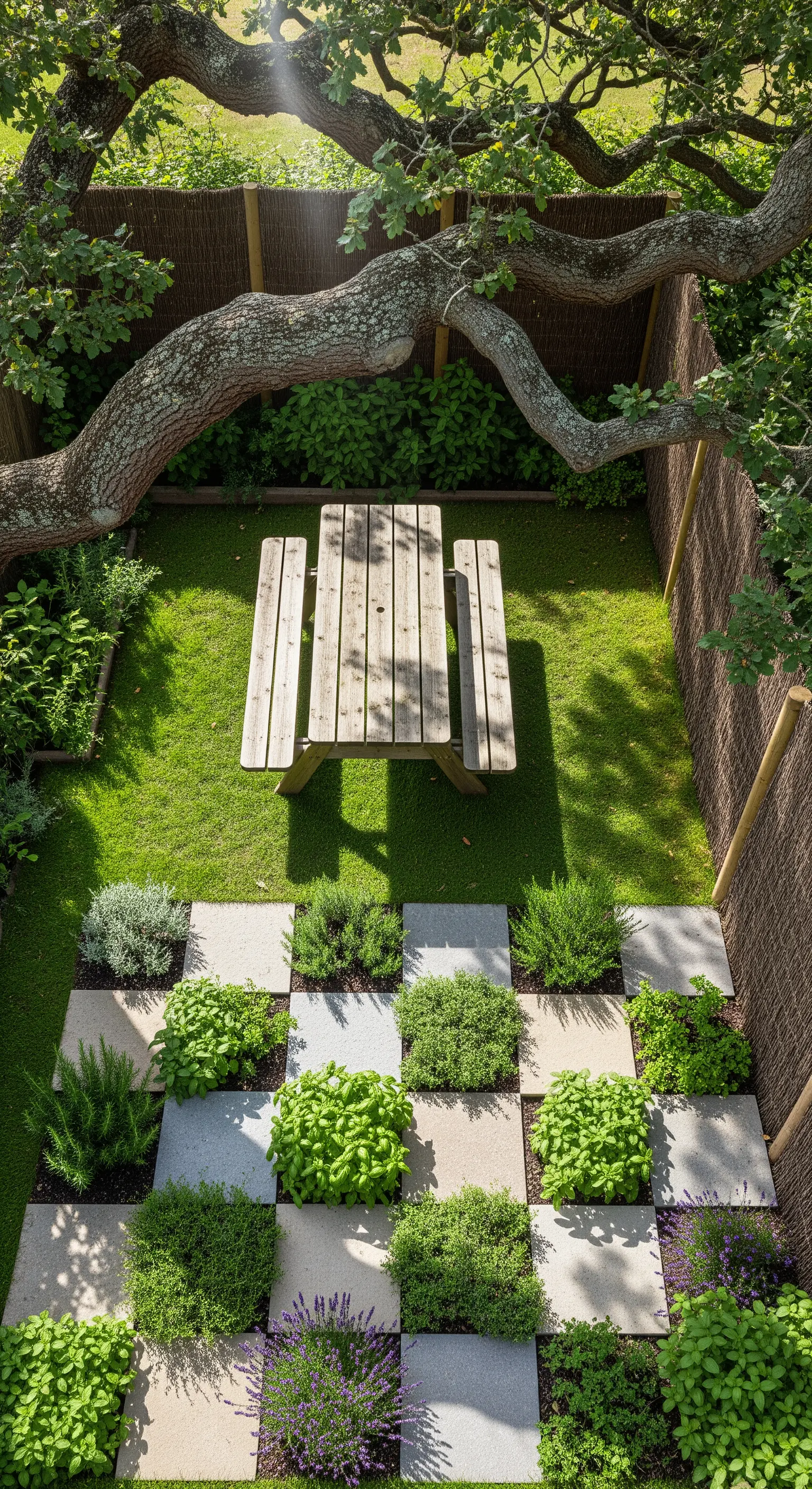 Orto-giardino con un design a scacchiera, alternando piastrelle di pietra e quadrati di erbe aromatiche.