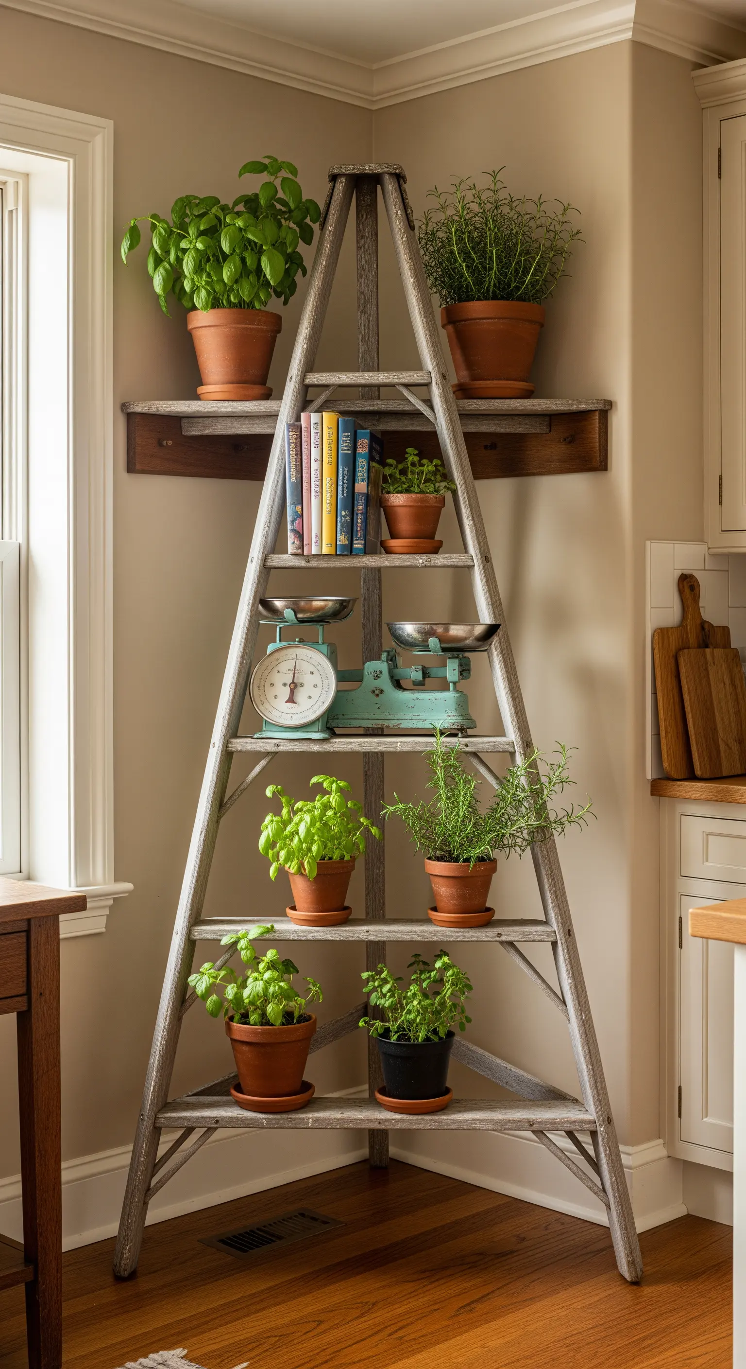 Scala a pioli in legno in un angolo della cucina usata per le erbe aromatiche.