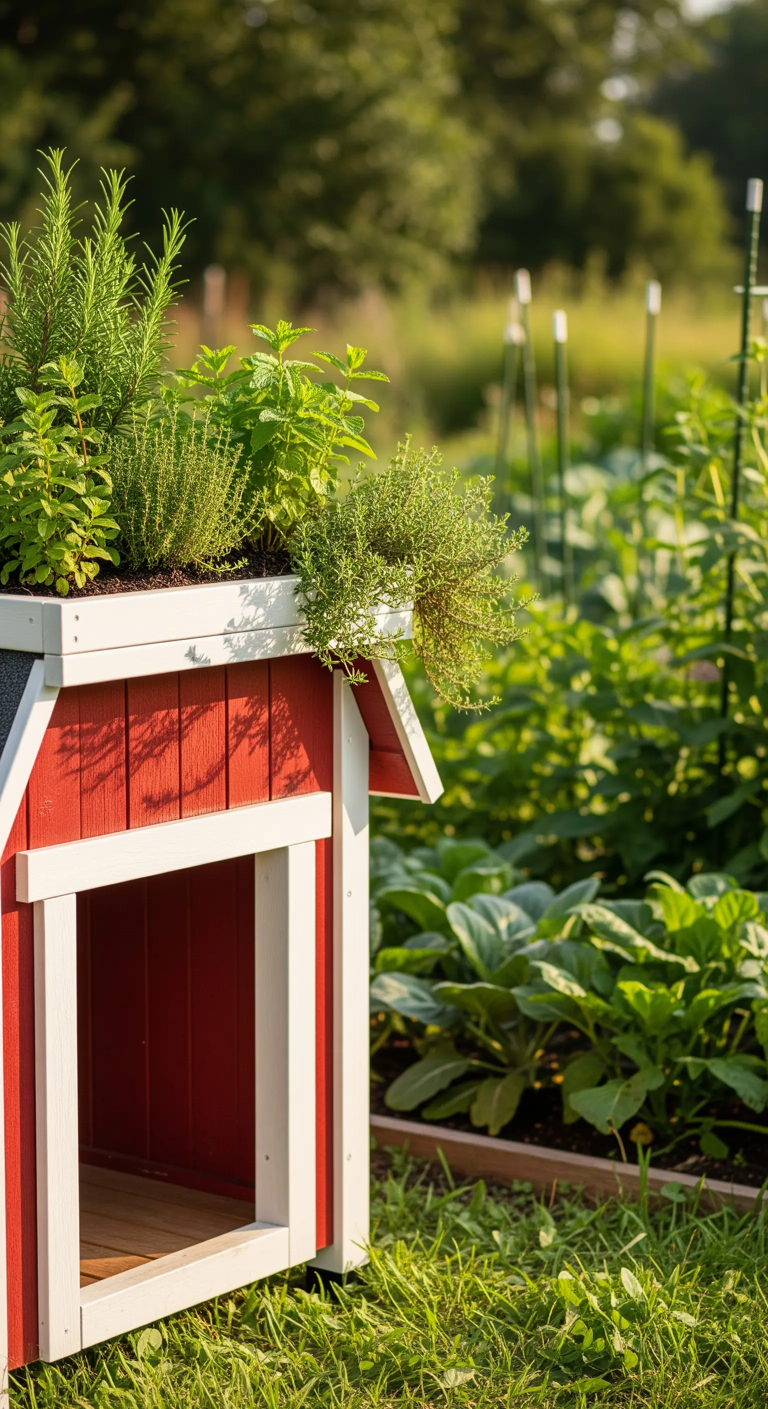 Dettaglio di una cuccia rossa con un tetto-fioriera colmo di erbe aromatiche.