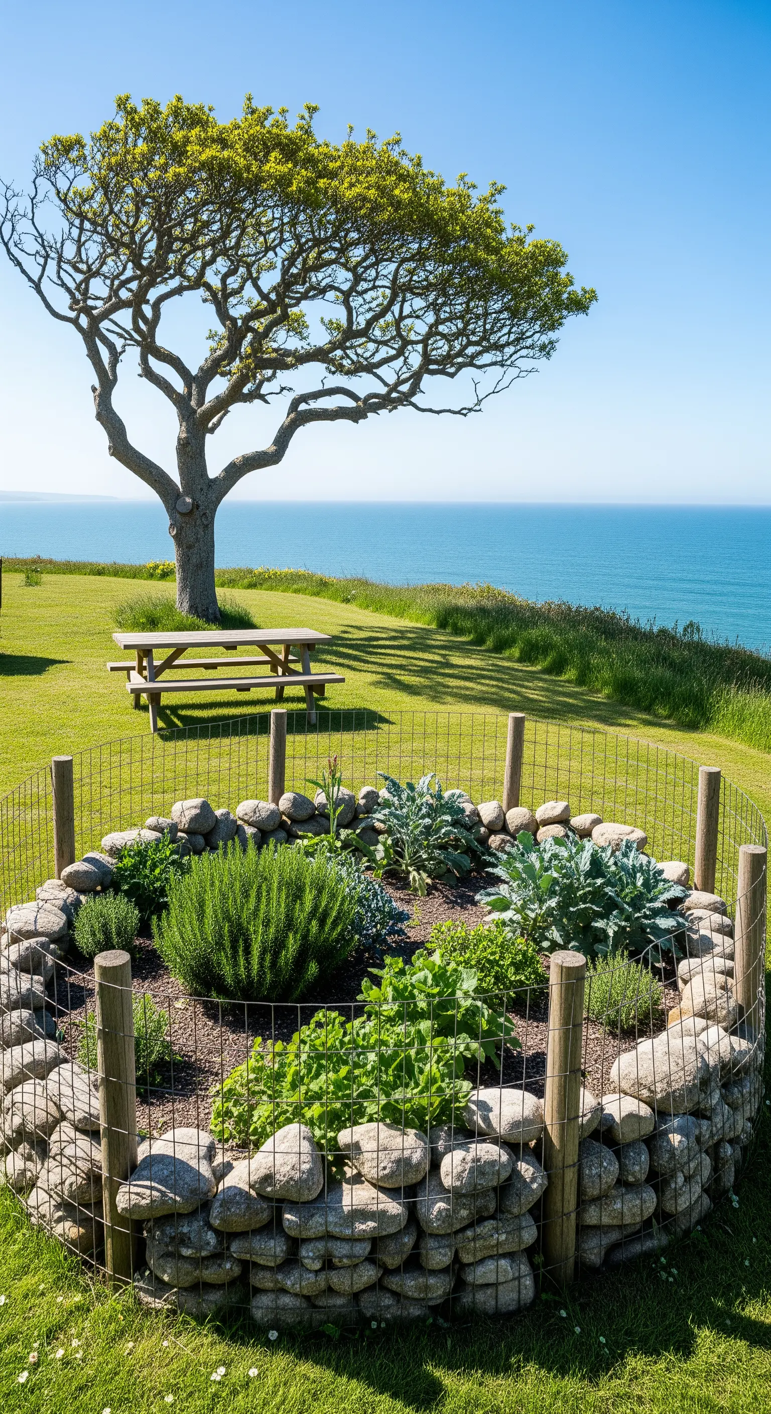 Orto circolare con bordo in pietra e rete metallica, su un prato affacciato sul mare.