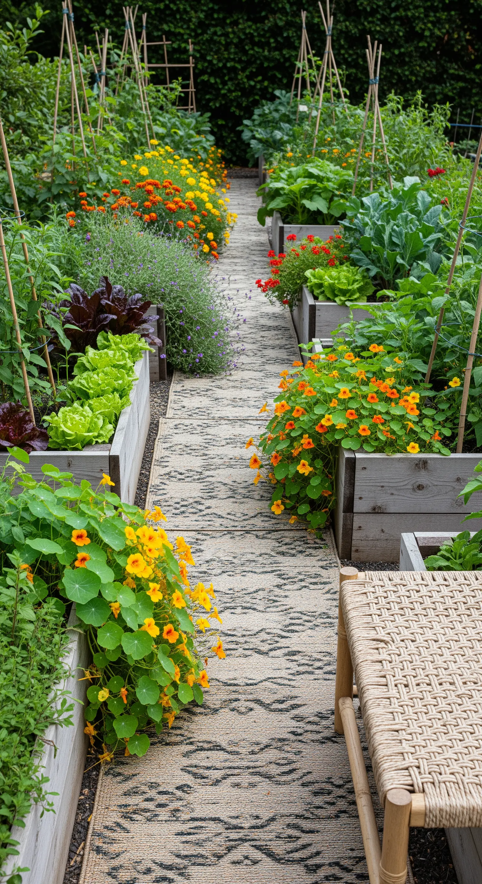 Sentiero di un orto con aiuole rialzate, coperto da un tappeto runner a motivi geometrici.