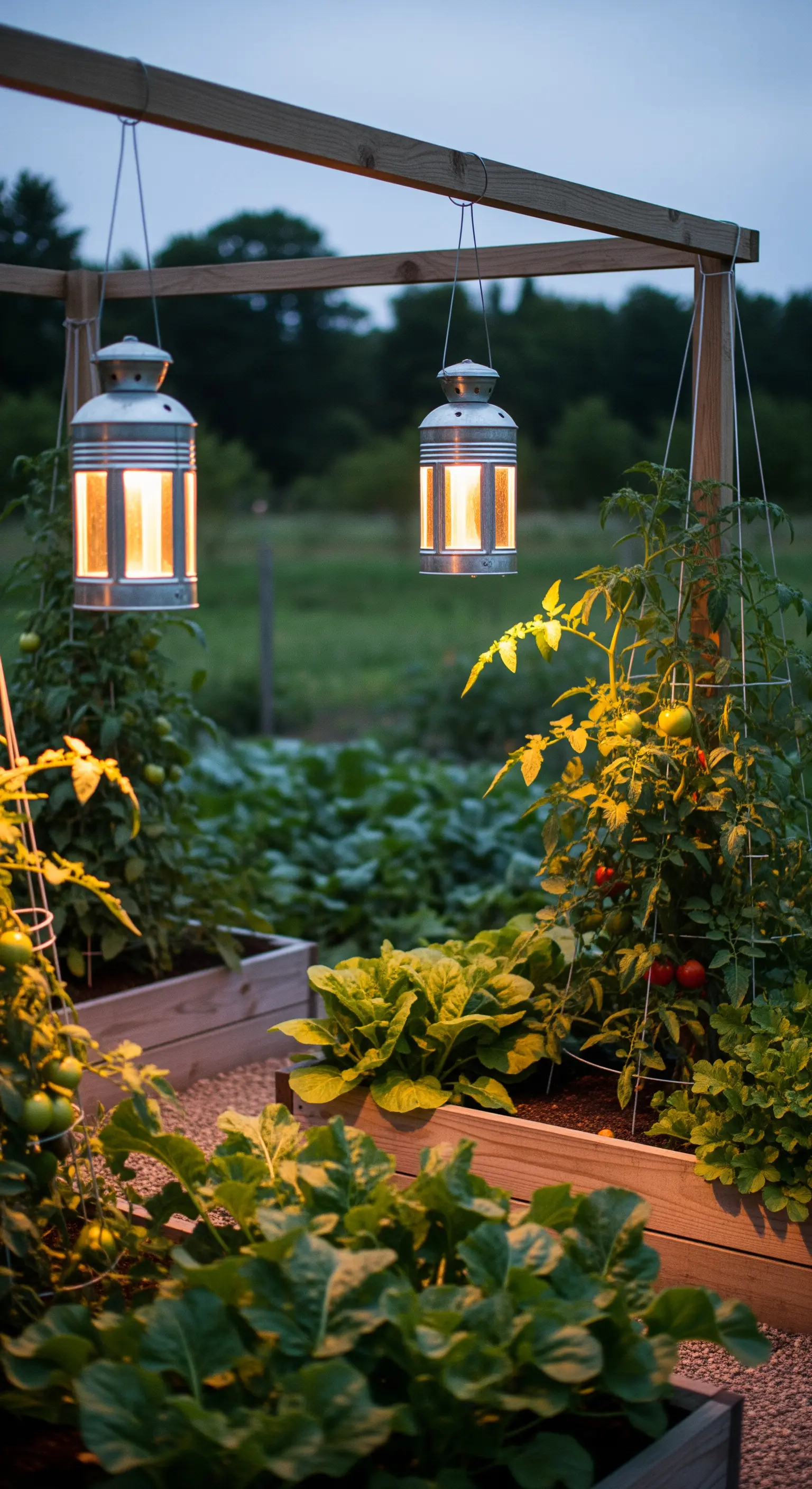 Orto con aiuole rialzate, illuminato da due lanterne in stile industriale appese a una struttura in legno.