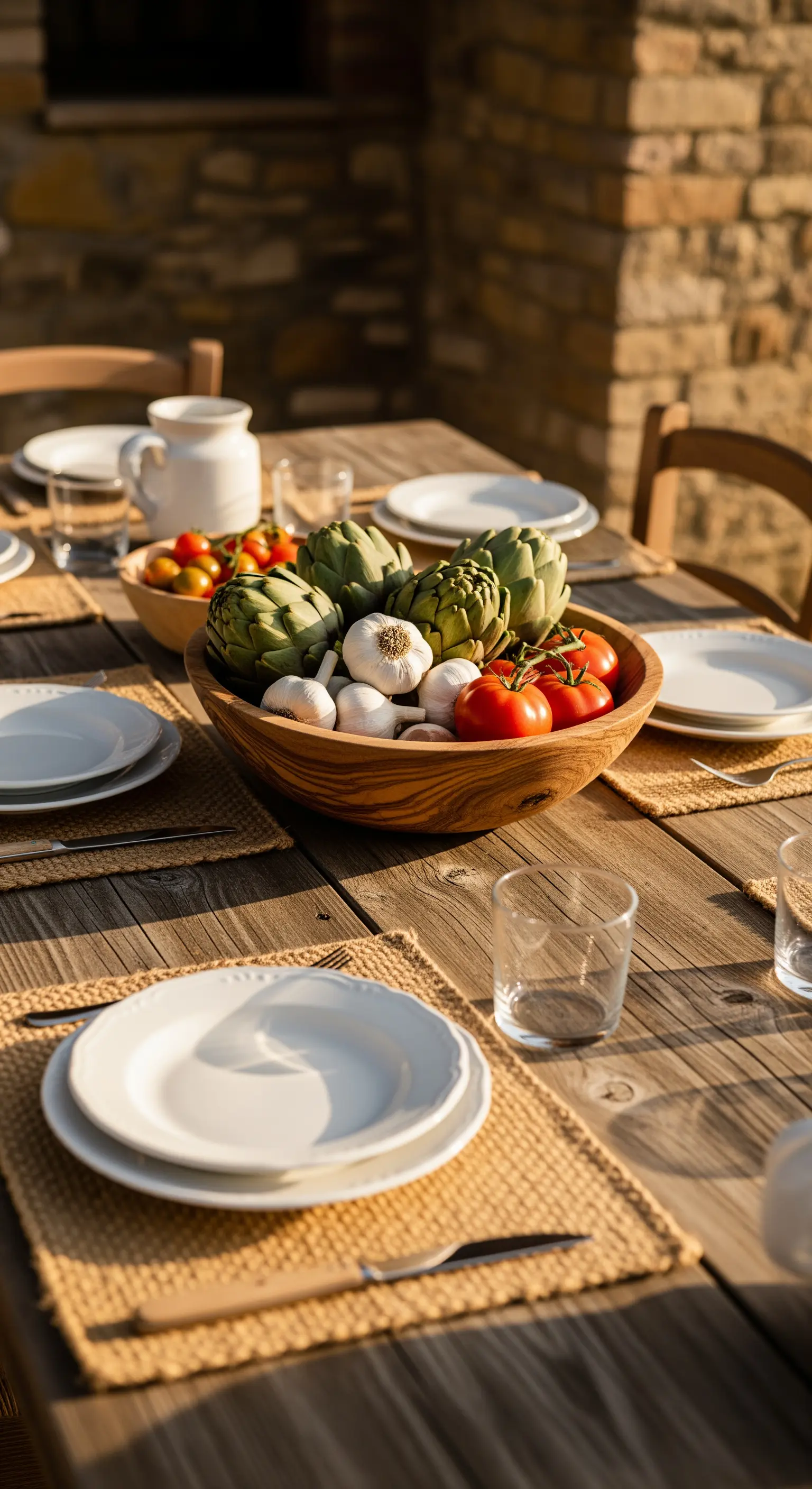 Ciotola di legno colma di carciofi, pomodori e aglio su una tavola rustica.