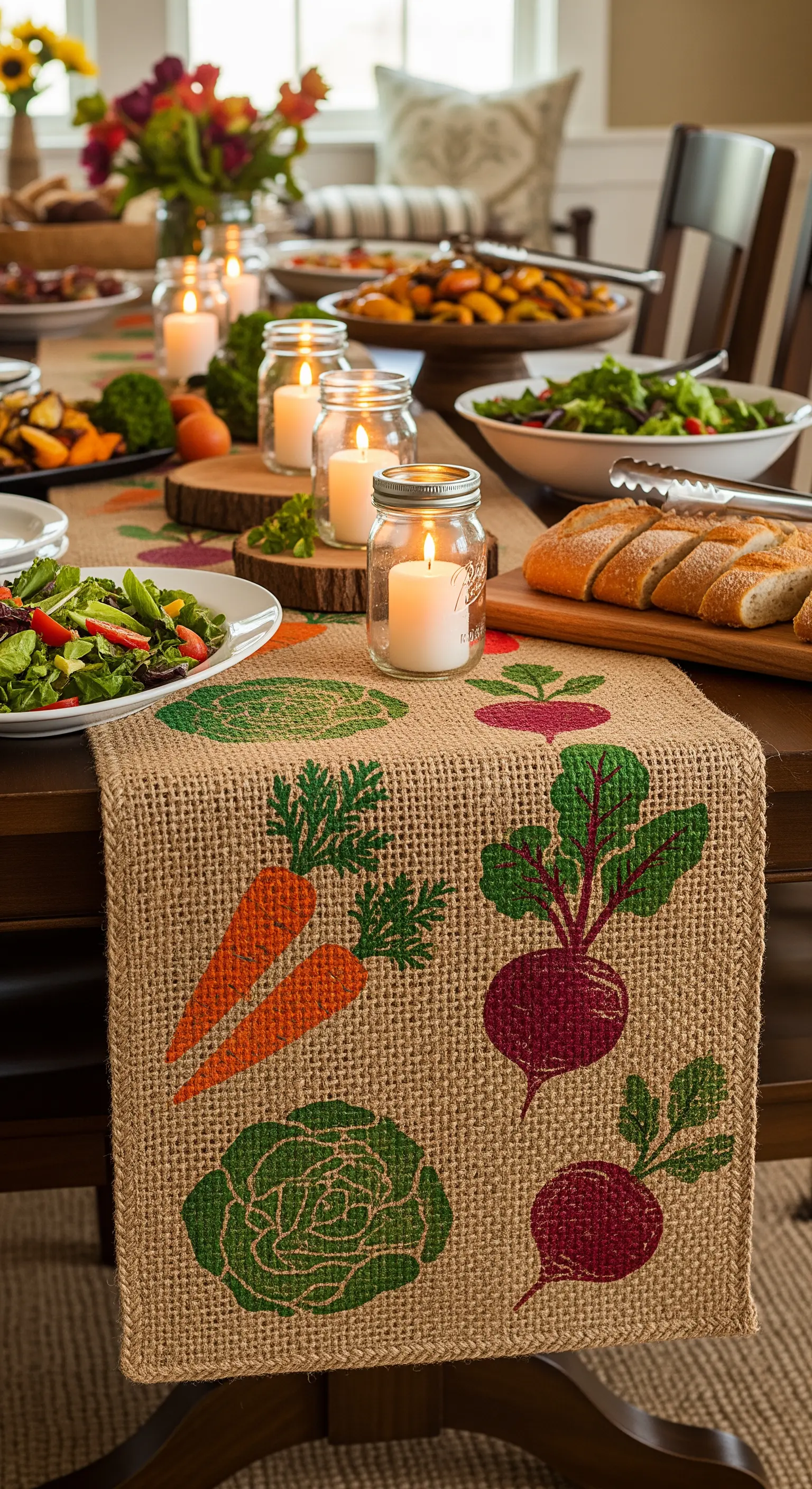 Runner di juta decorato con stampe di ortaggi e abbinato a candele in barattoli di vetro.