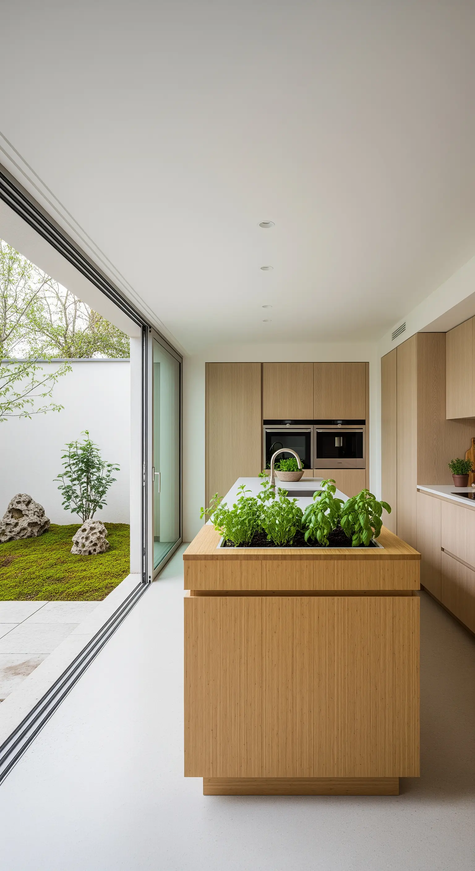 Isola cucina in legno con un'aiuola integrata per erbe aromatiche fresche.