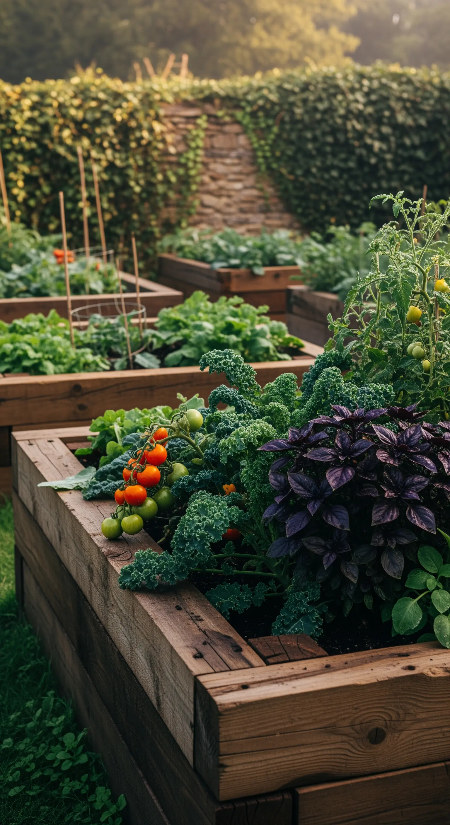 Orti rialzati in legno con pomodori, cavolo riccio e basilico viola in un giardino rigoglioso.