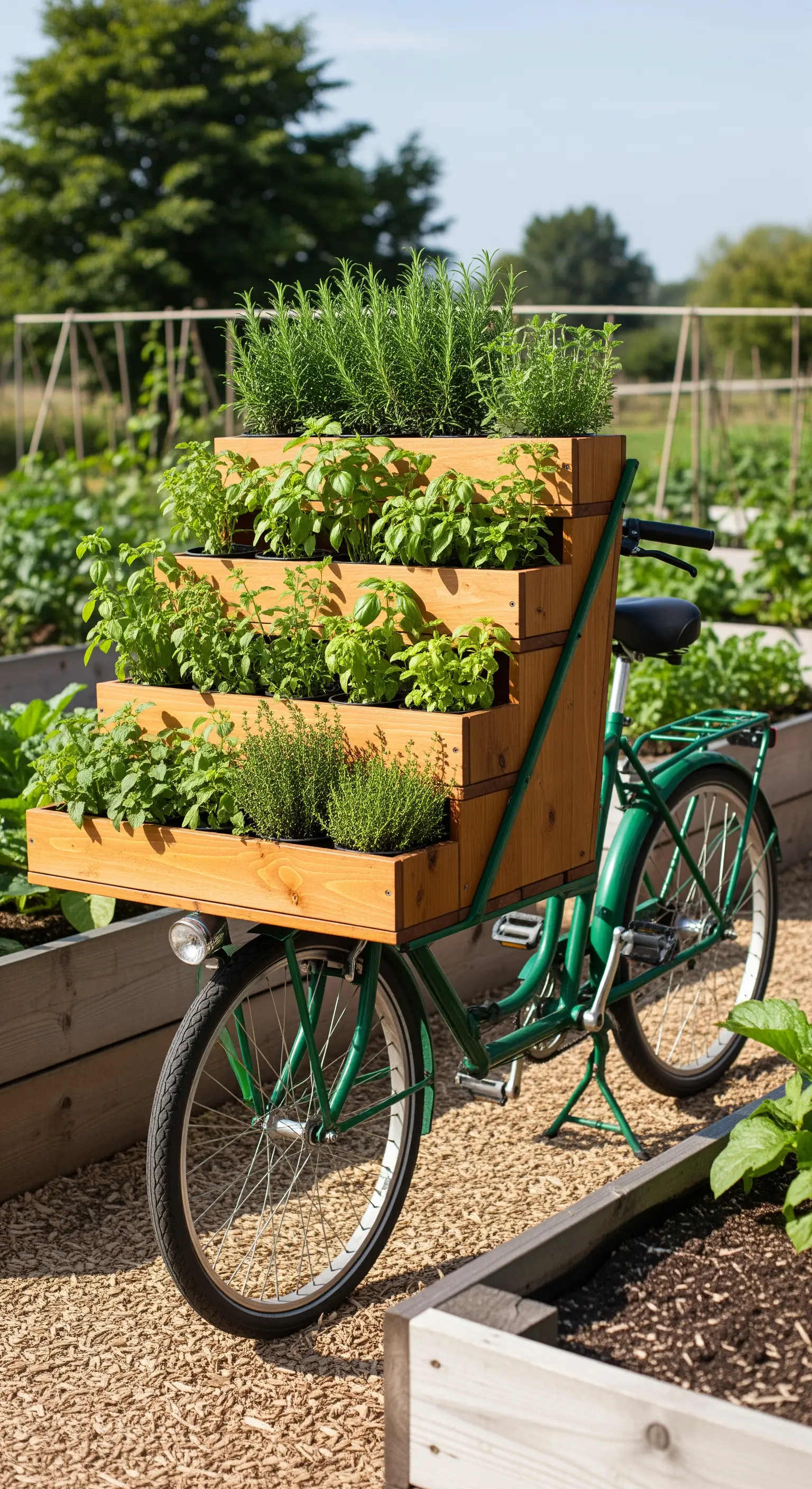 Bicicletta verde con una struttura a scala in legno sul retro, piena di erbe aromatiche.