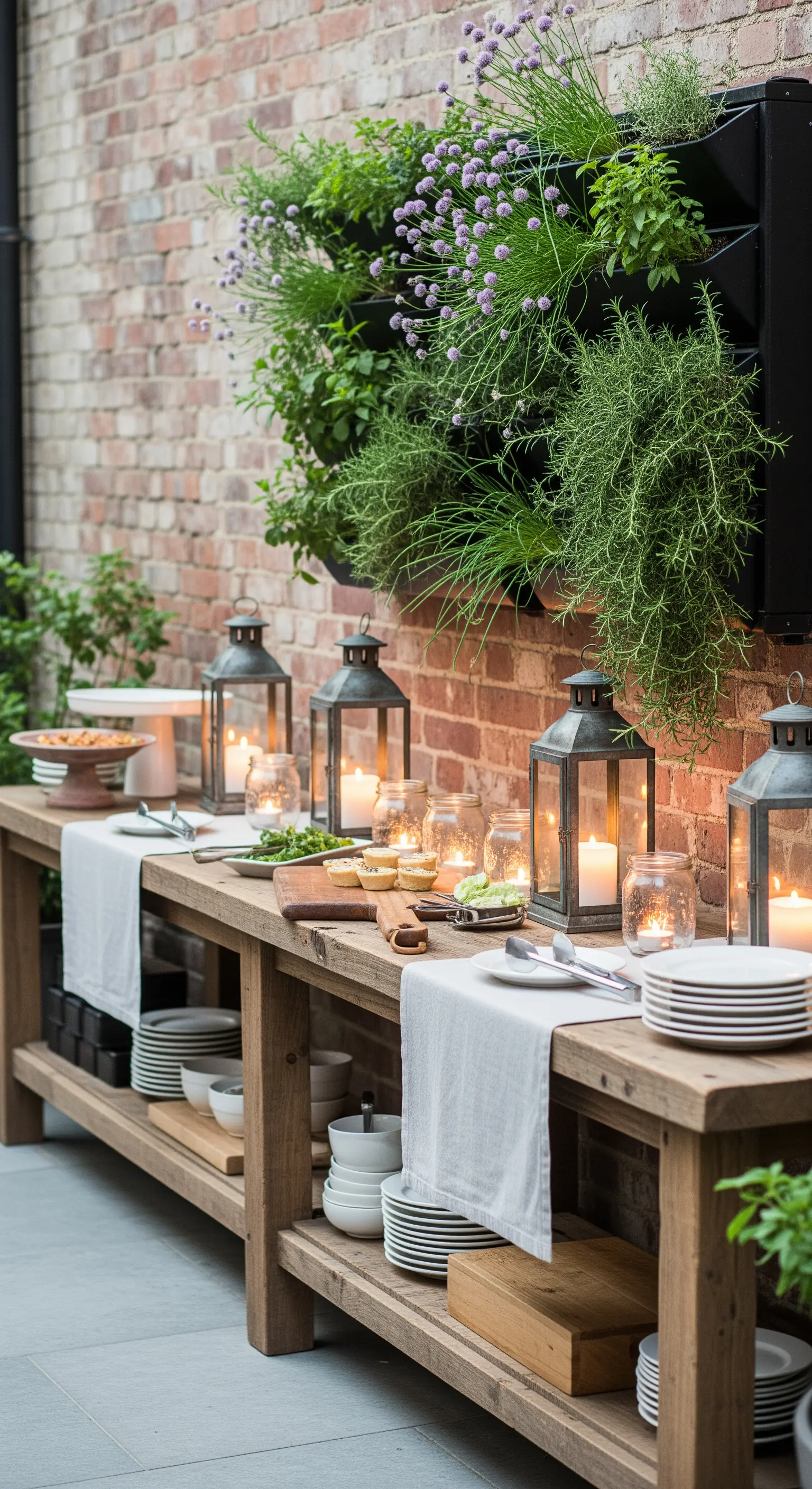 Buffet rustico allestito davanti a un muro di mattoni con un orto verticale.