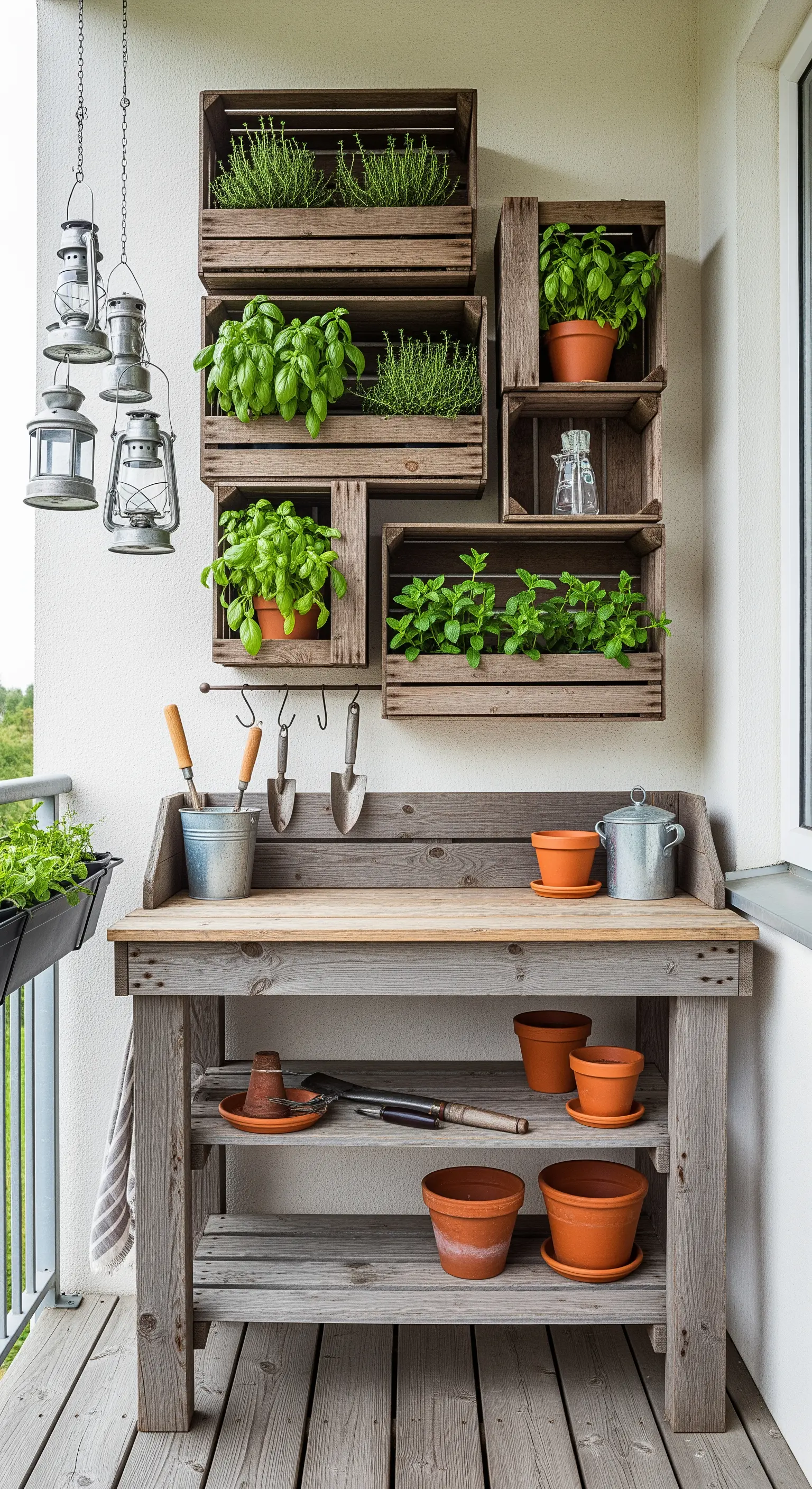 Banco da lavoro per giardinaggio con cassette di legno appese al muro contenenti erbe aromatiche.