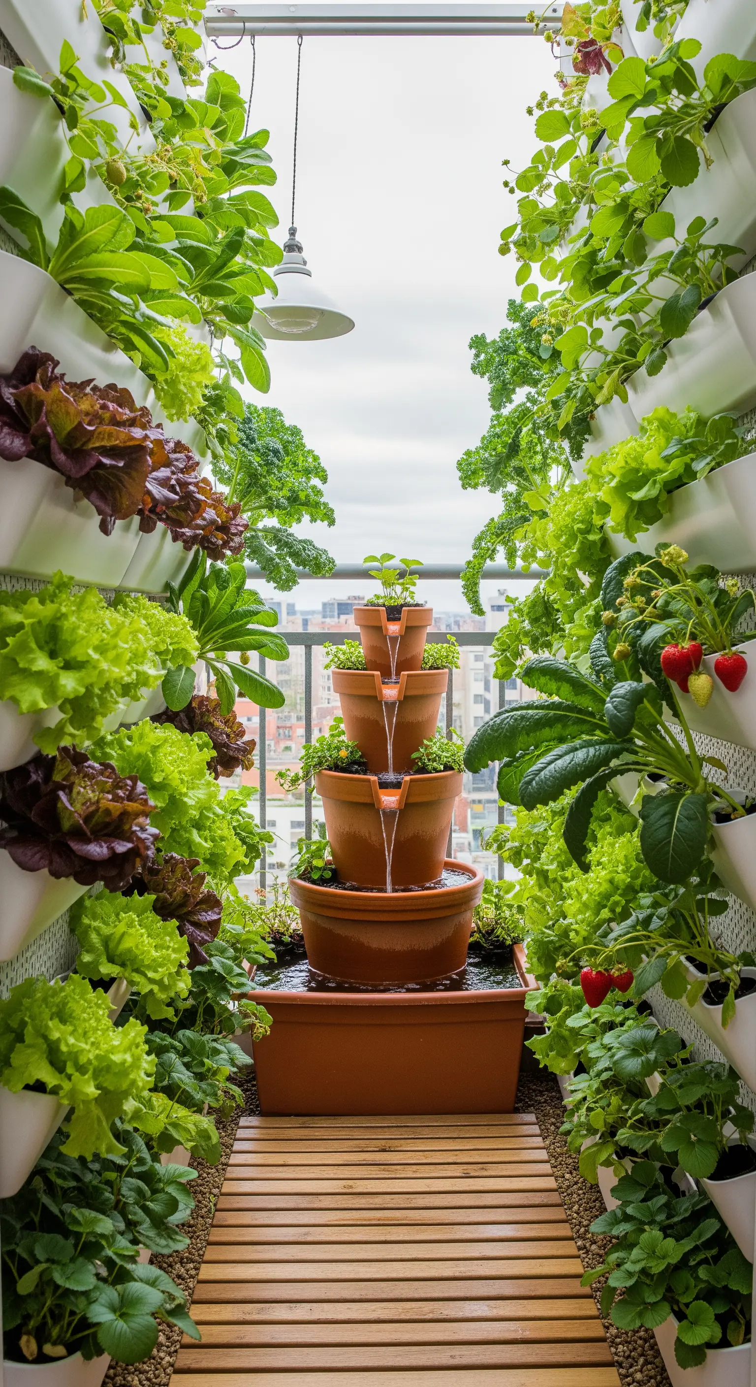 Balcone stretto con orto verticale di insalate e fragole e una fontana a cascata in terracotta.