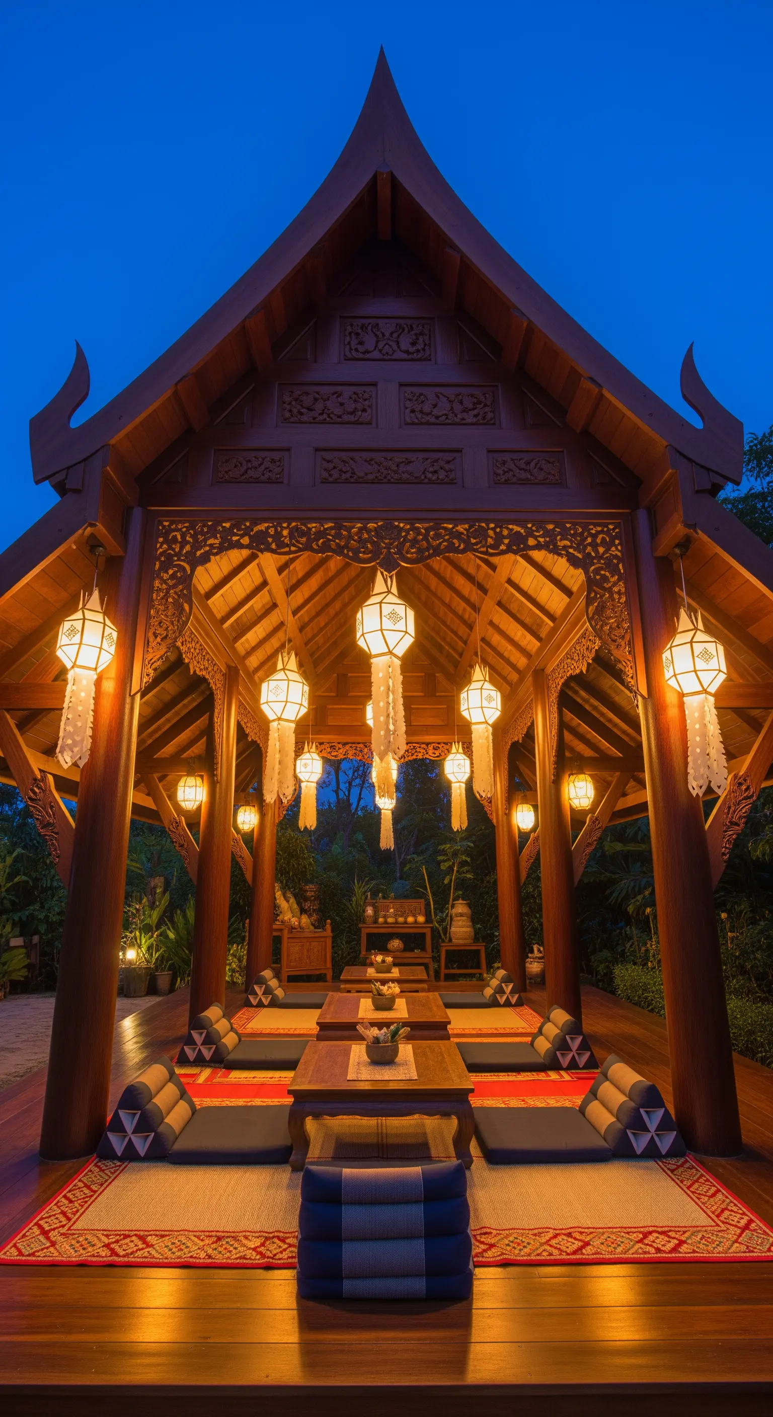 Padiglione thailandese in legno illuminato da lanterne di carta, con tavoli bassi e cuscini a terra.