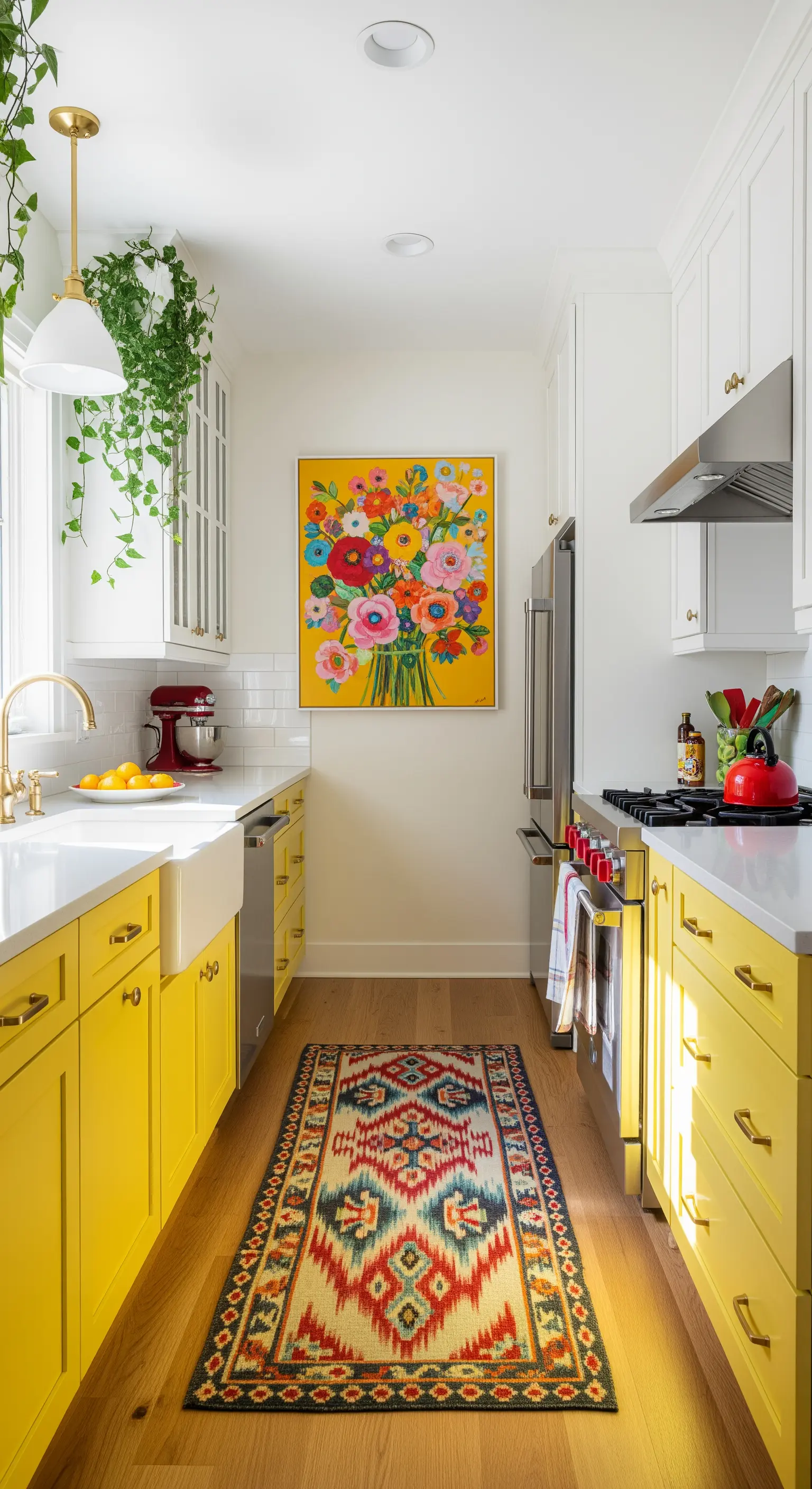 Cucina con mobili inferiori gialli, tappeto etnico e un quadro floreale su fondo giallo.