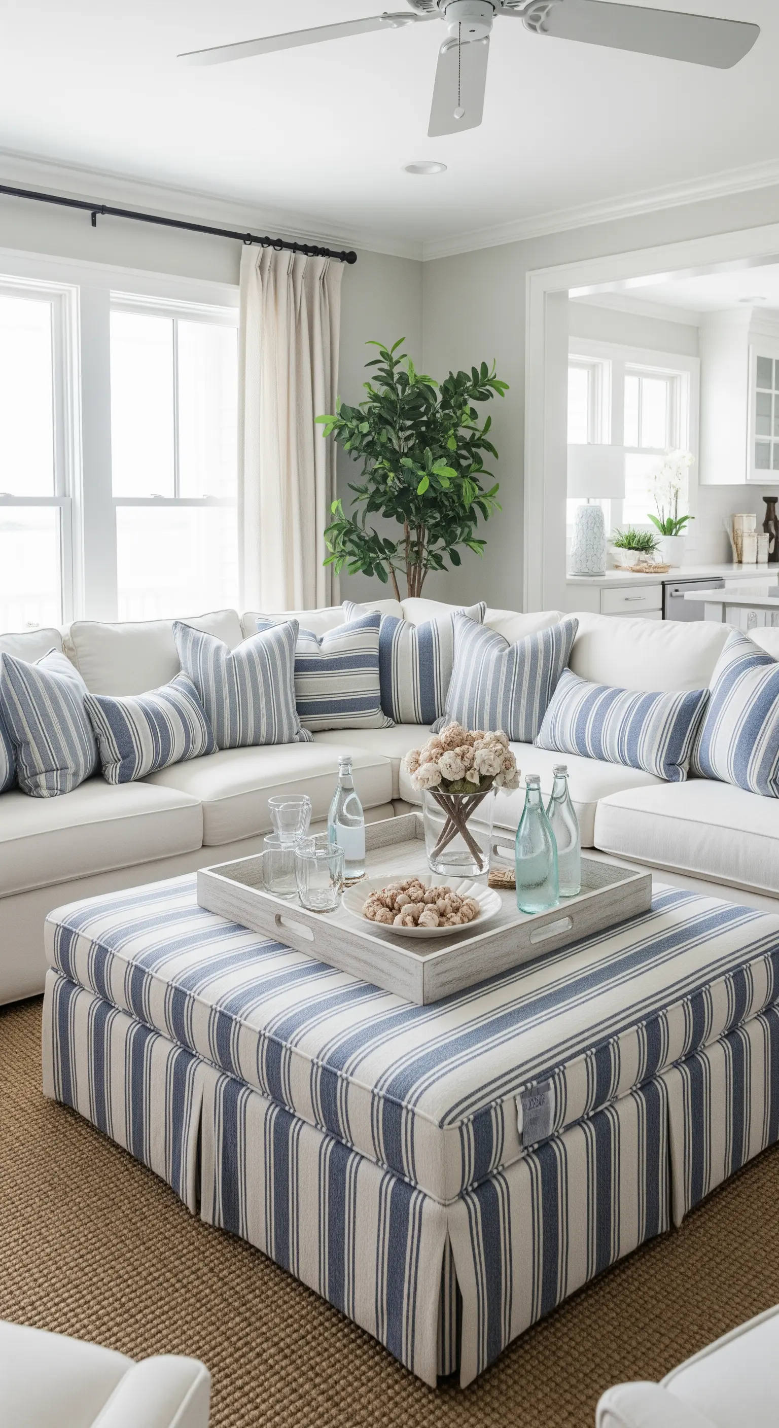 Grande divano bianco a L con un'ottomana quadrata a righe blu e bianche.