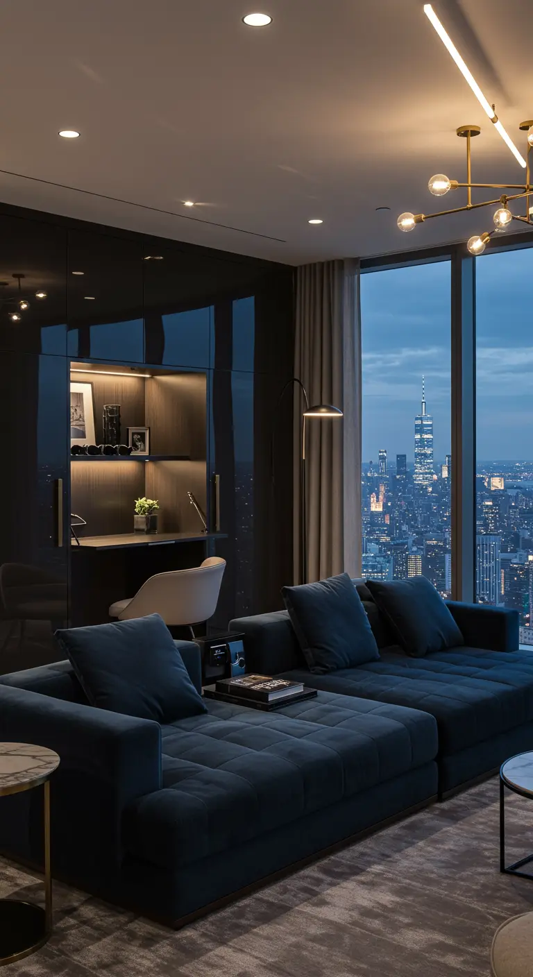 Scrivania illuminata integrata in un'armadiatura nera lucida a parete.