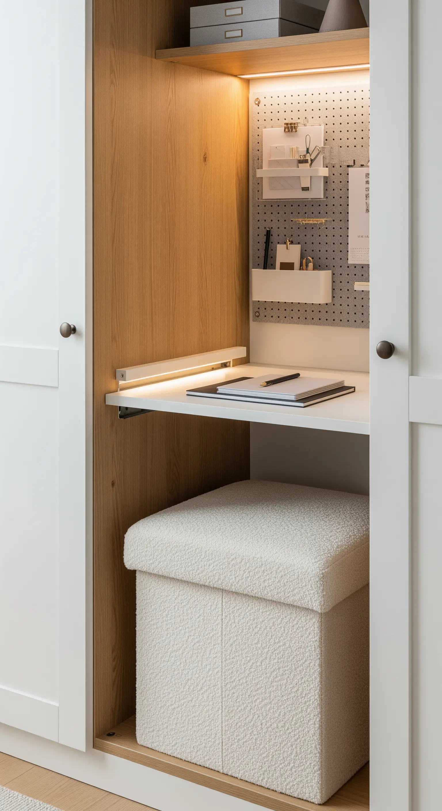 Scrivania compatta con pannello forato integrata in un armadio bianco con ante.