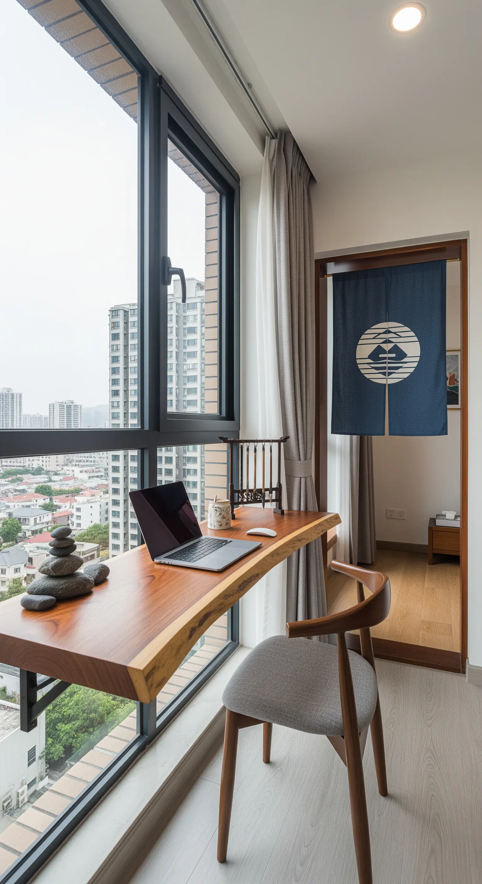 Postazione di lavoro su un balcone con scrivania in legno affacciata sulla città.