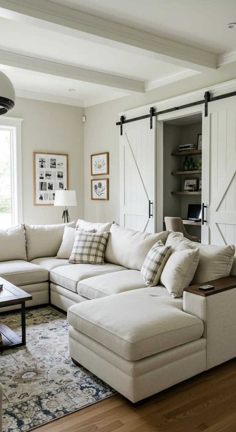 Porte scorrevoli bianche in stile granaio che nascondono una nicchia con scrivania.