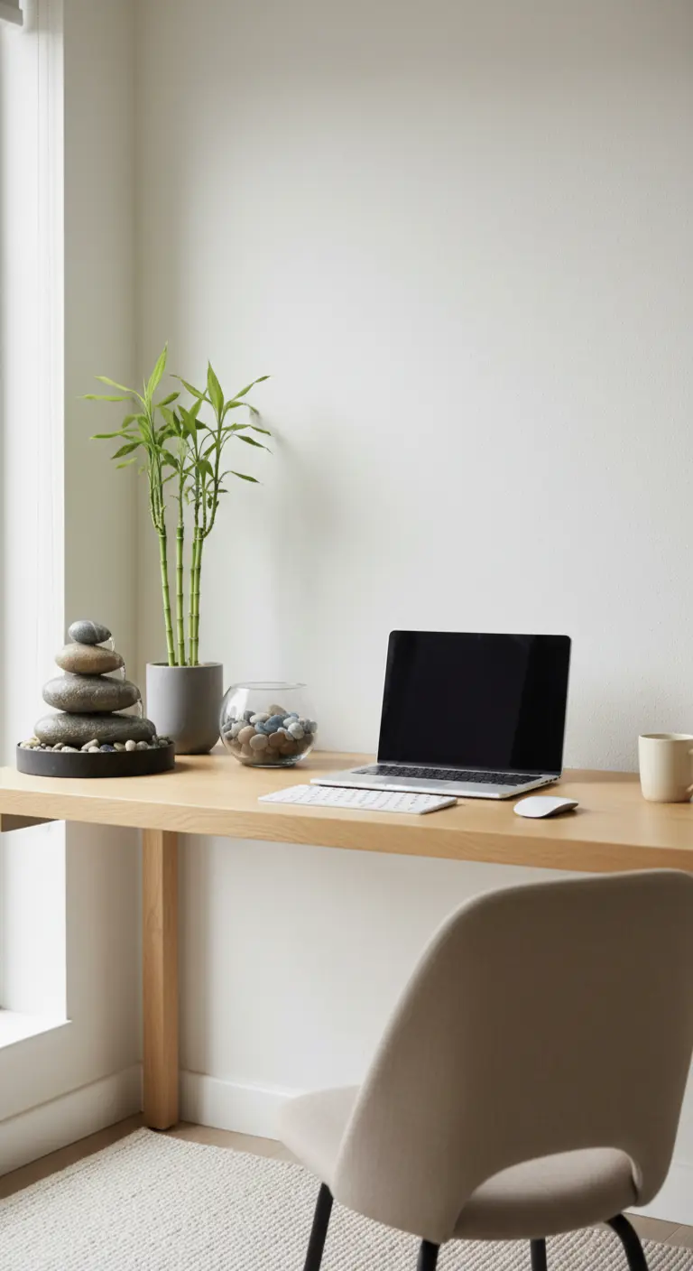 Scrivania ordinata in legno con laptop, pianta di bambù e ciotola con pietre levigate.