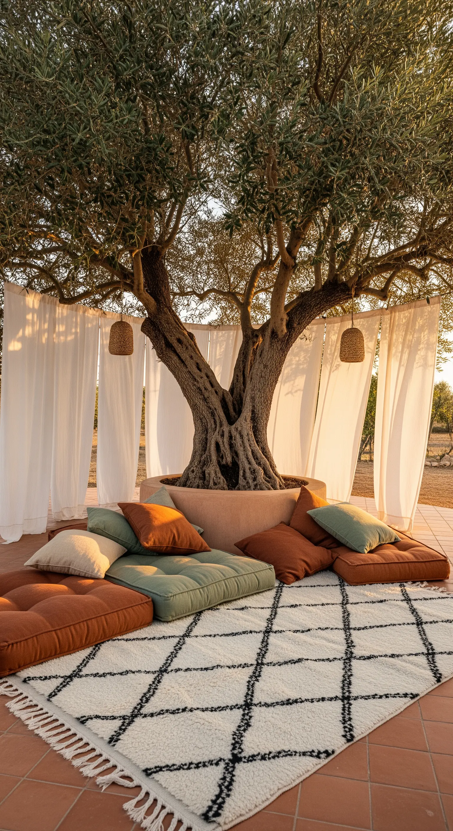 Spazio relax bohémien con cuscini bassi e tappeto marocchino sotto un ulivo.