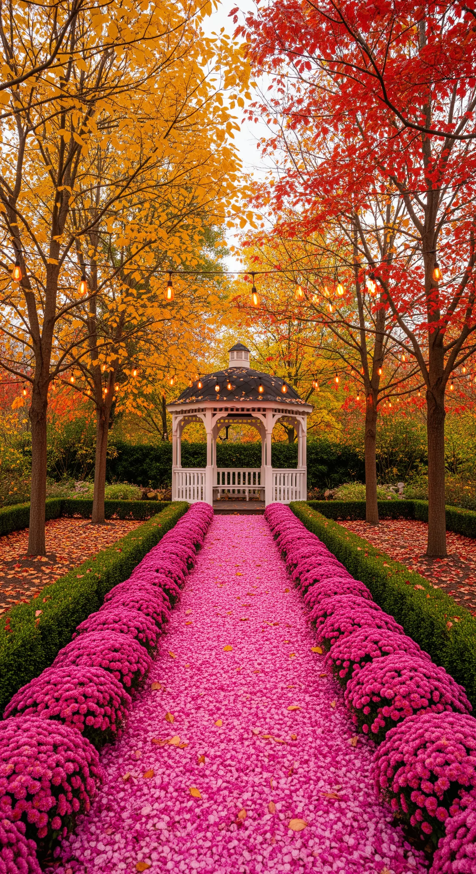 Giardino autunnale con gazebo bianco, luci calde e un sentiero di crisantemi fucsia.