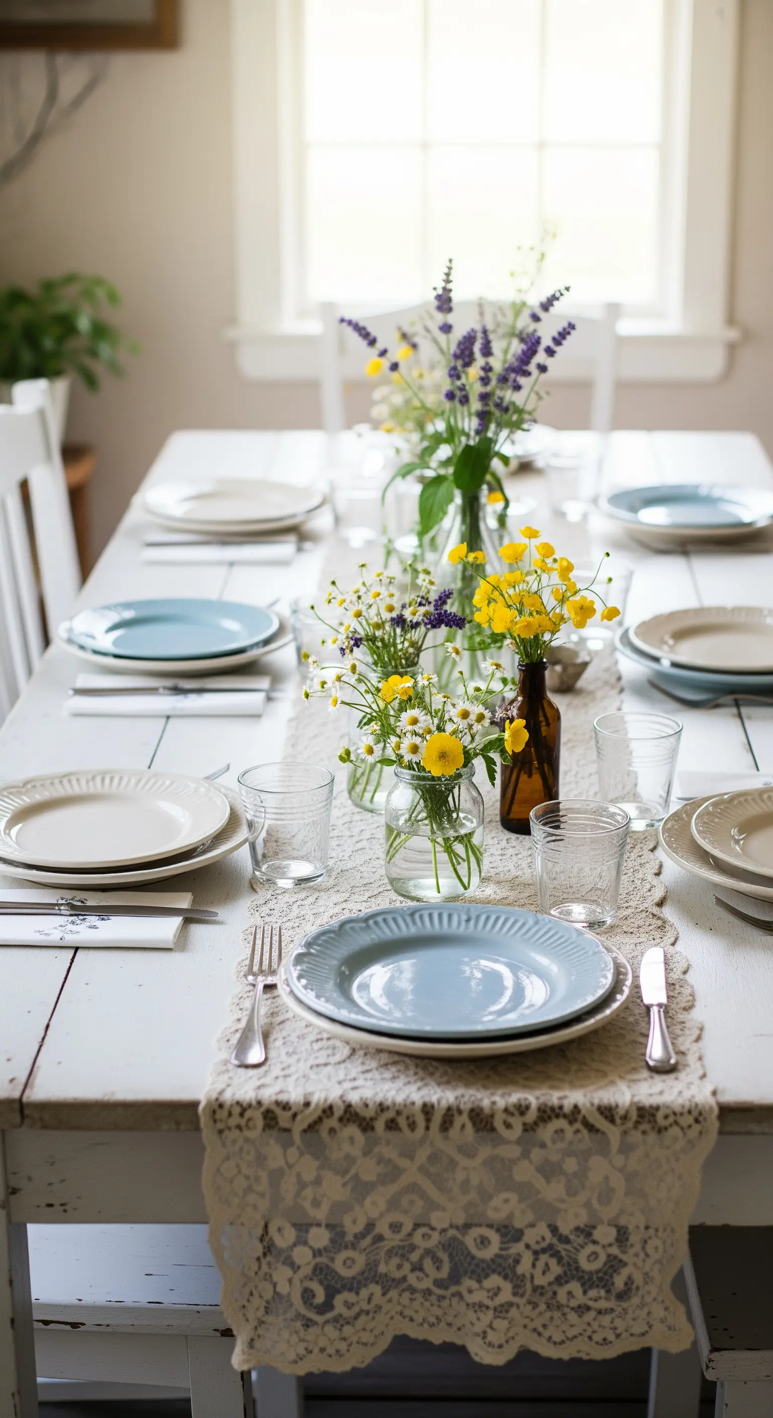 Tavola shabby chic con runner in pizzo, piatti azzurri e fiori di campo in piccoli vasi