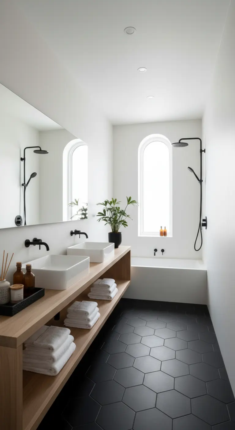 Pavimento a esagoni neri in un bagno minimalista con mobile in legno chiaro.