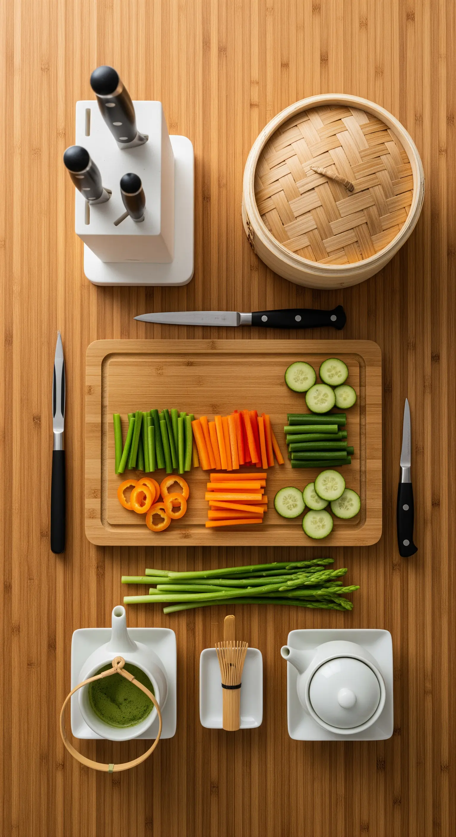 Planimetria di utensili da cucina zen, tra cui un tagliere in bambù e un set da tè.