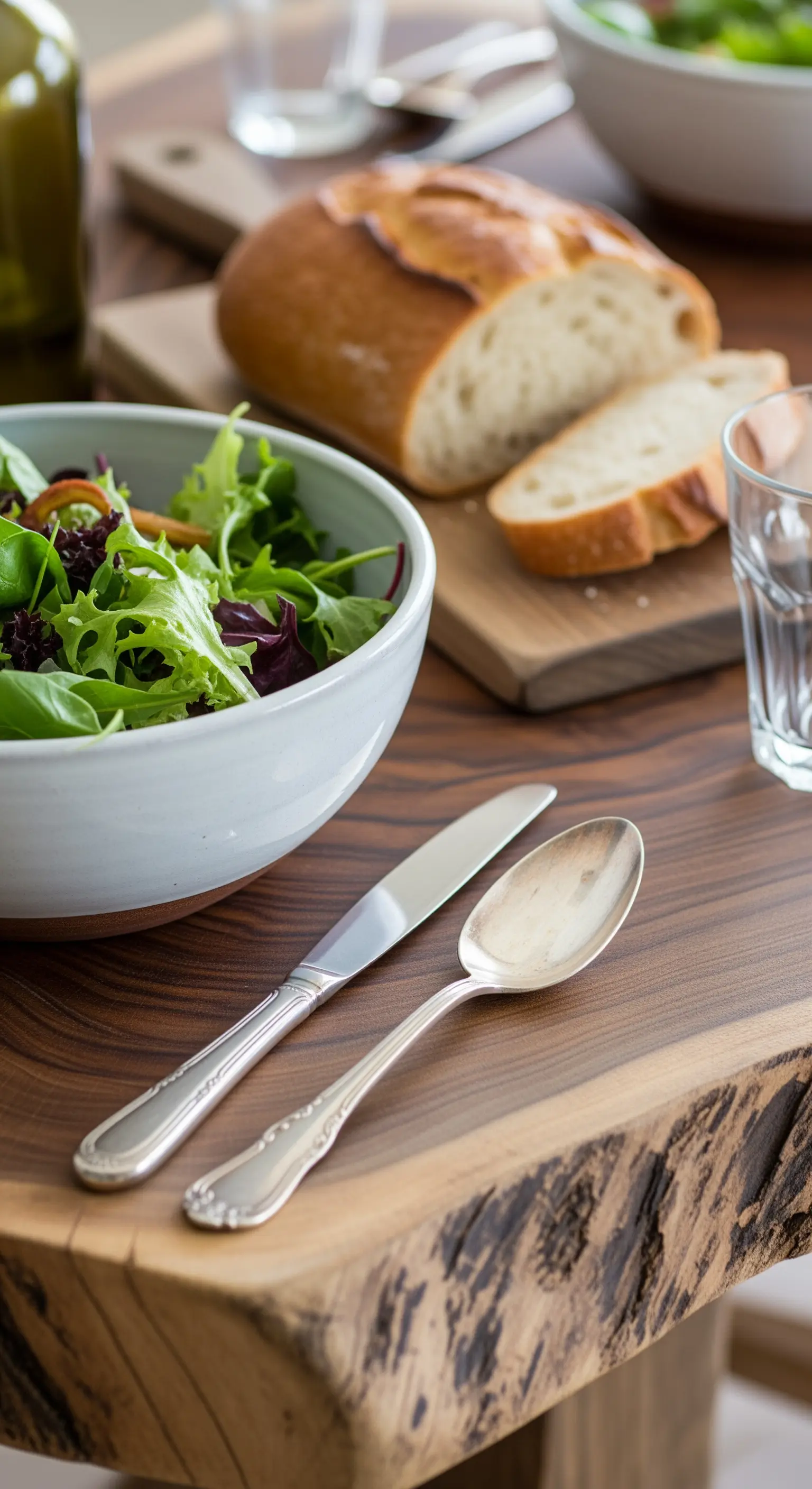 Dettaglio di un tavolo in legno con bordo grezzo, apparecchiato con insalata e pane.