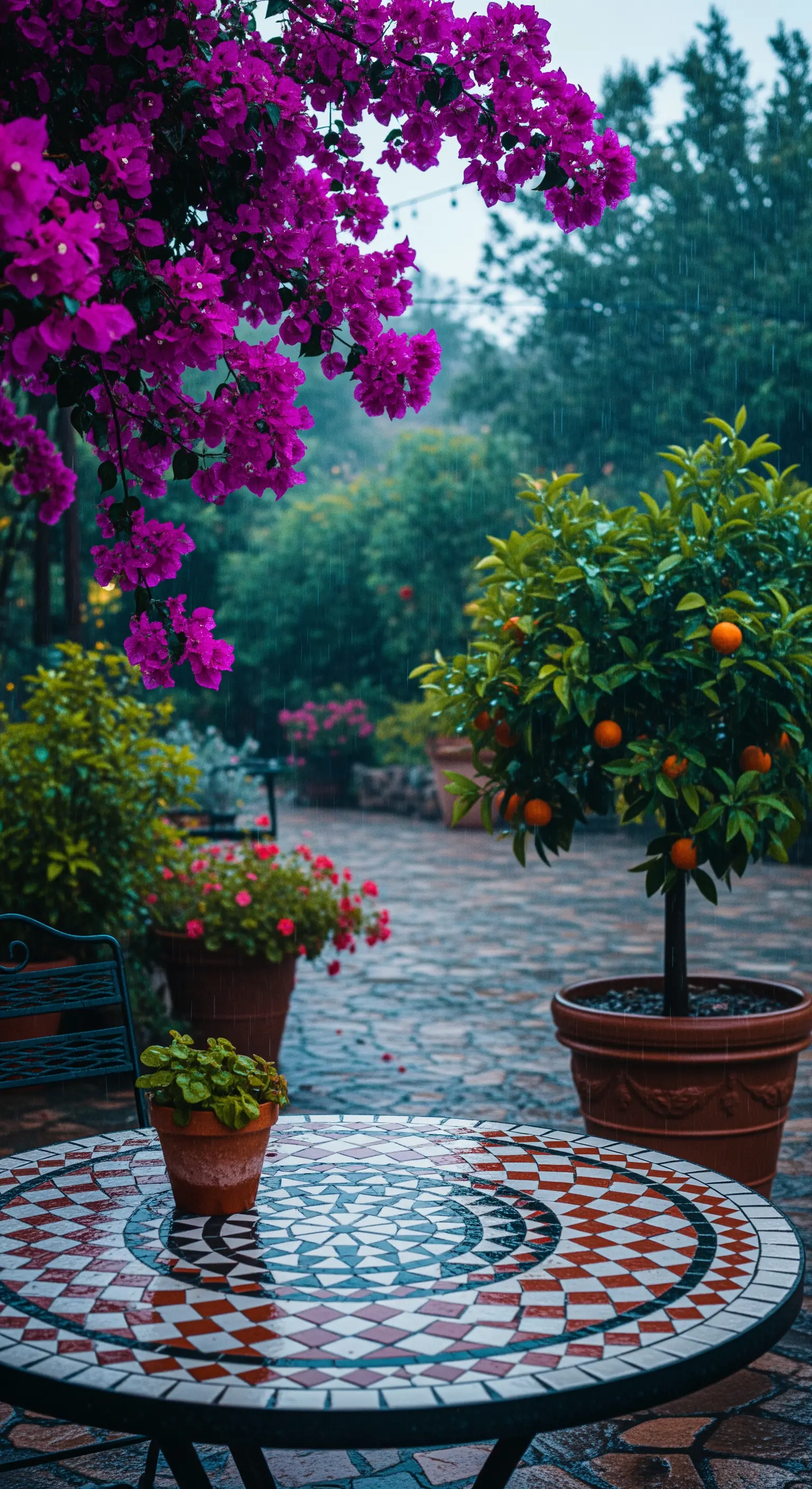 Tavolo in mosaico bagnato dalla pioggia in un giardino con bouganville e albero di arance.