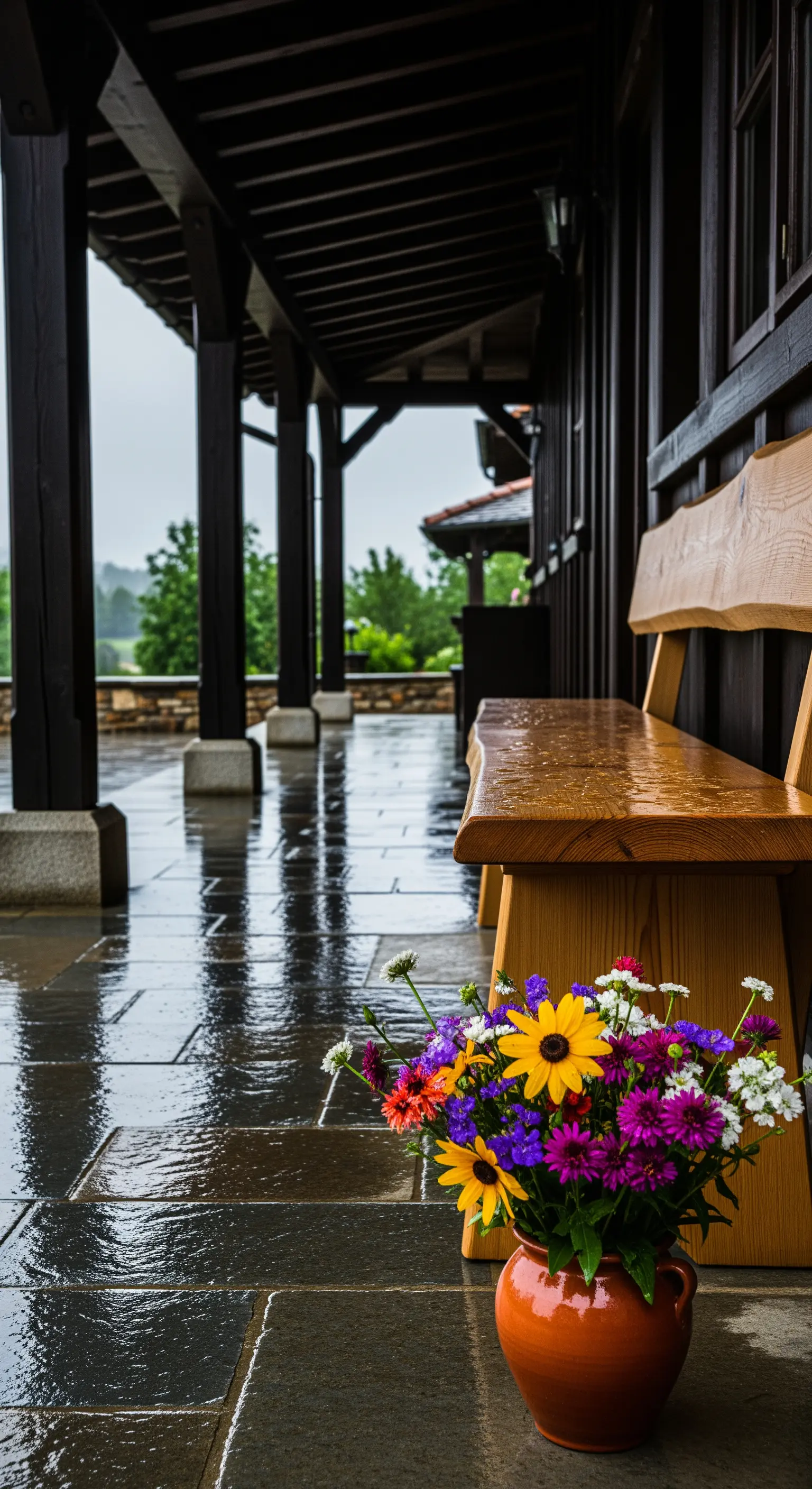 Portico bagnato dalla pioggia con pavimento in ardesia, panca in legno e un vaso di fiori colorati.