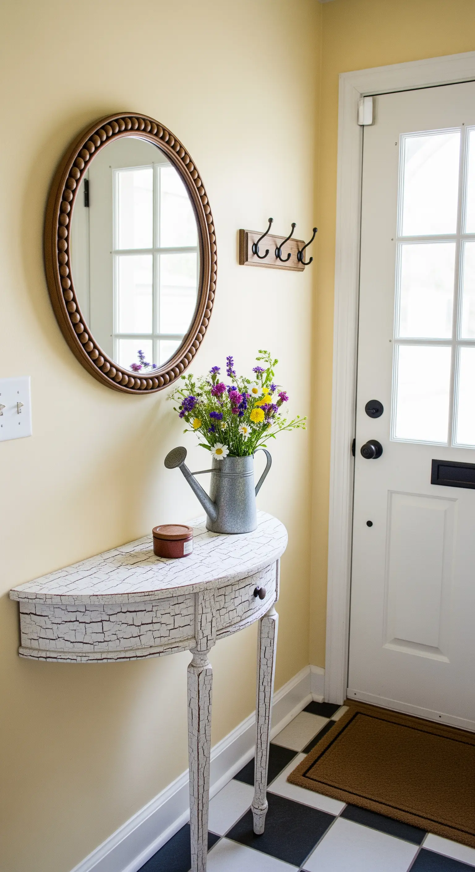 Consolle a mezzaluna con finitura craquelé bianca, specchio ovale e pavimento a scacchi.