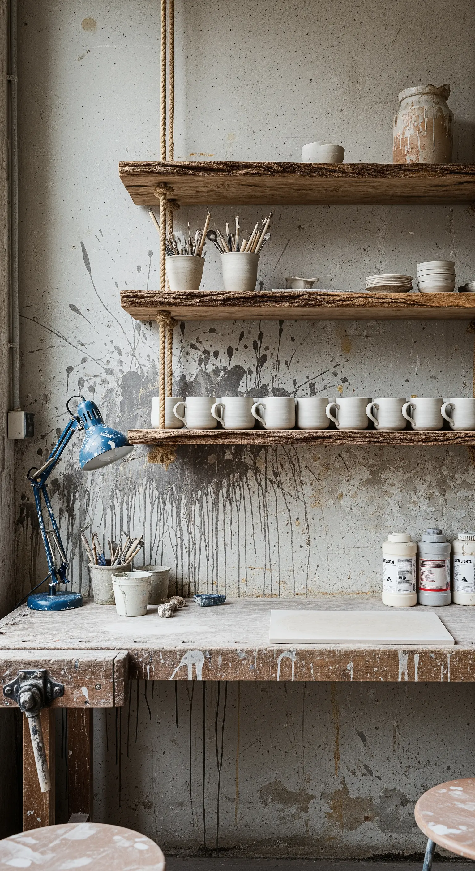 Laboratorio di ceramica con mensole in legno grezzo e muro con schizzi di vernice.