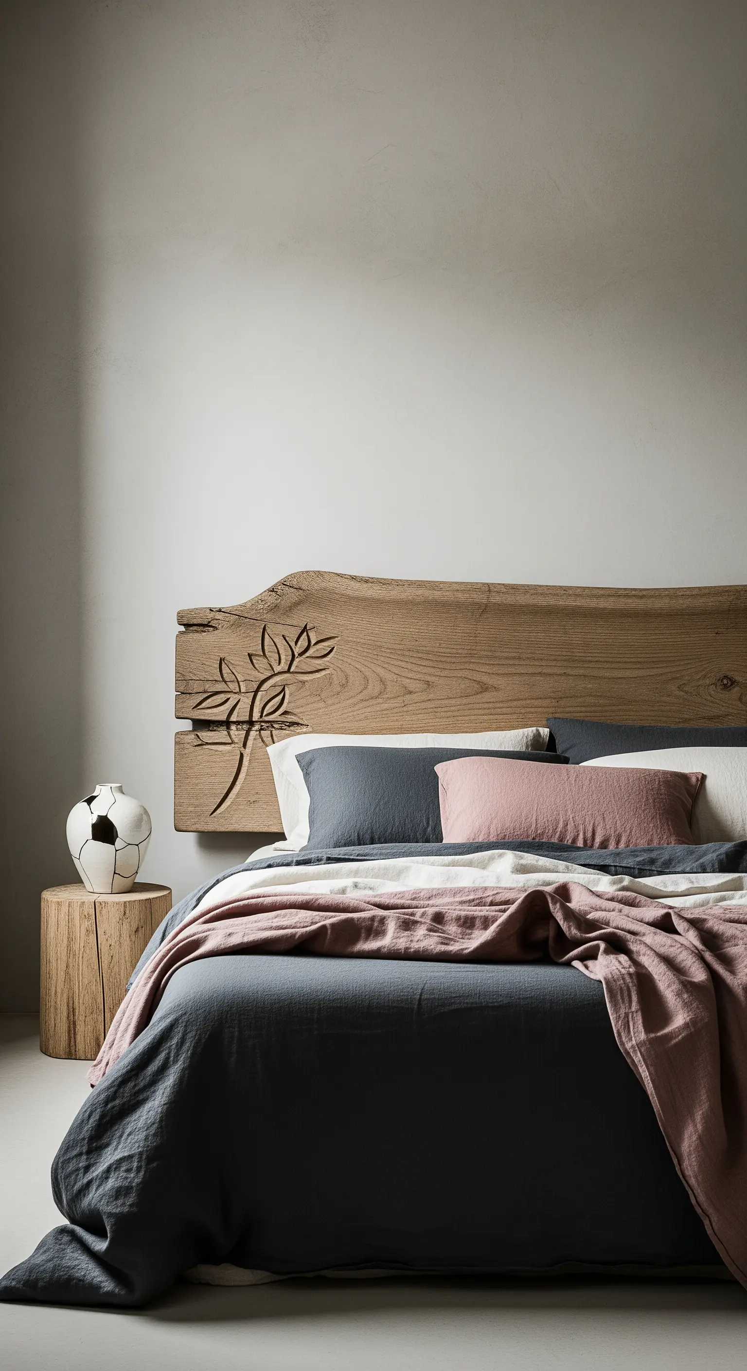 Testiera in legno con bordo grezzo e una delicata incisione floreale, stile wabi-sabi.