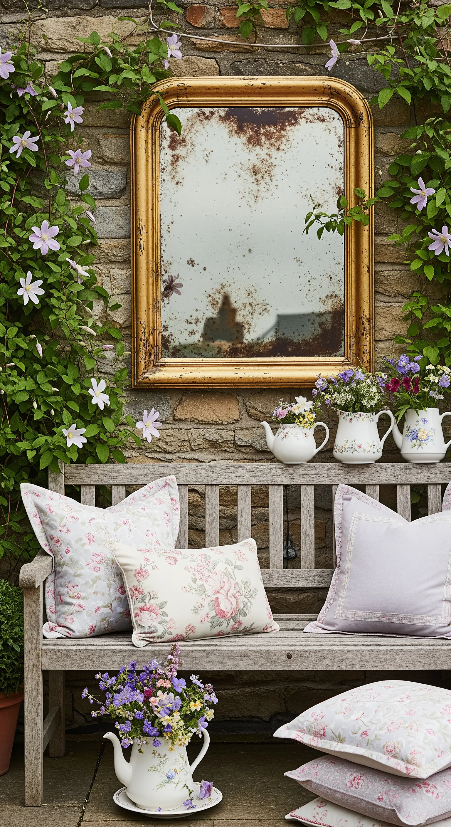 Specchio antico con cornice dorata e superficie rovinata, appeso a una parete di pietra.