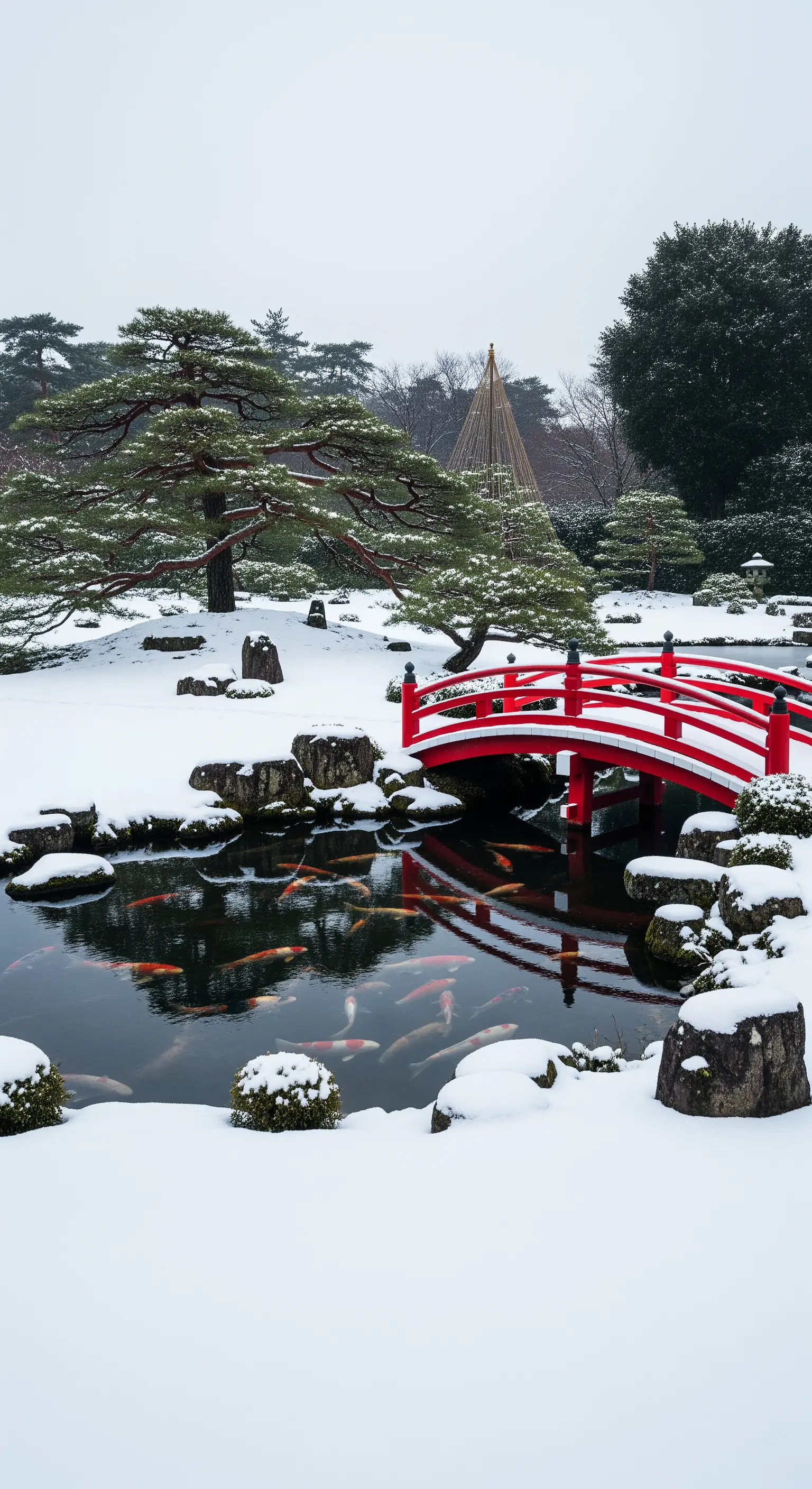 Giardino giapponese innevato con un ponte rosso che si specchia nell'acqua del laghetto.